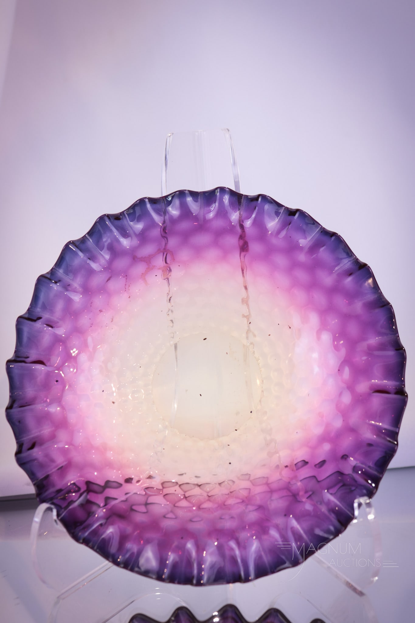 Webb Alexandrite Victorian Glass Honeycomb Underplate: Fine perfect coloring is found on this Webb Alexandrite Victorian glass Honeycomb pattern underplate. Plate measures 5 3/4" in diameter.