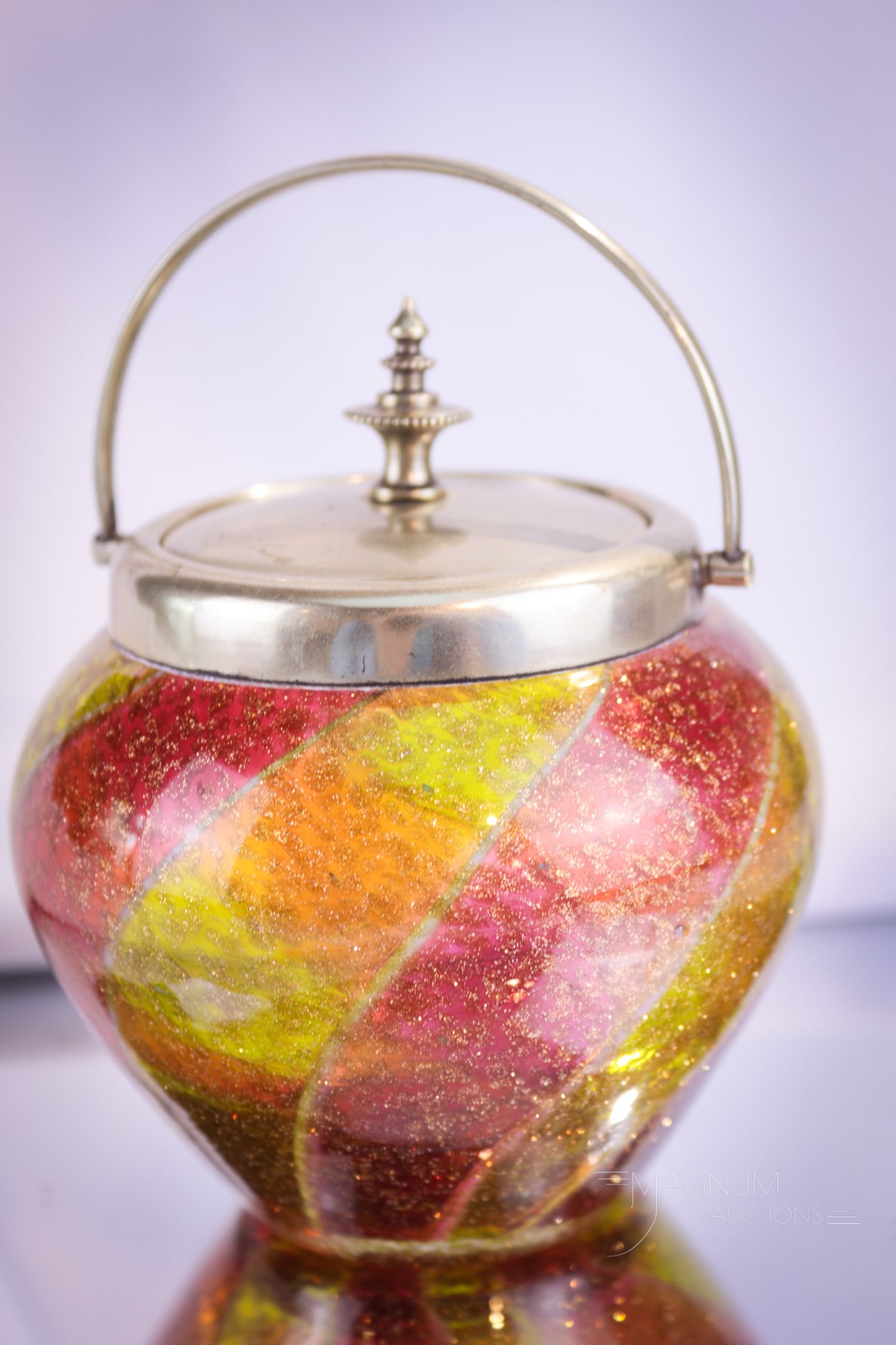 Stevens & Williams Rainbow Adventurine Victorian Glass Sweetmeat: What an enchanting piece this is folks. It literally shimmers in the light. Rainbow twisted colors and original fittings make this a must have piece. Measures 4" tall.