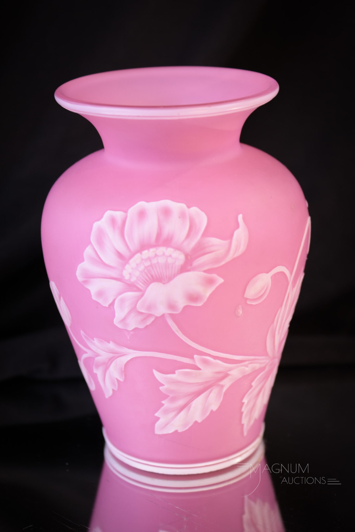 Stevens & Williams Victorian Cameo Glass Cabinet Vase: Beautiful signed Stevens & Williams cameo glass cabinet vase. This vase in a lovely pink Rose Du Barry coloring with delicate carved flowers. Vase measures 4 1/4" tall. A tiny as-made fleck is present