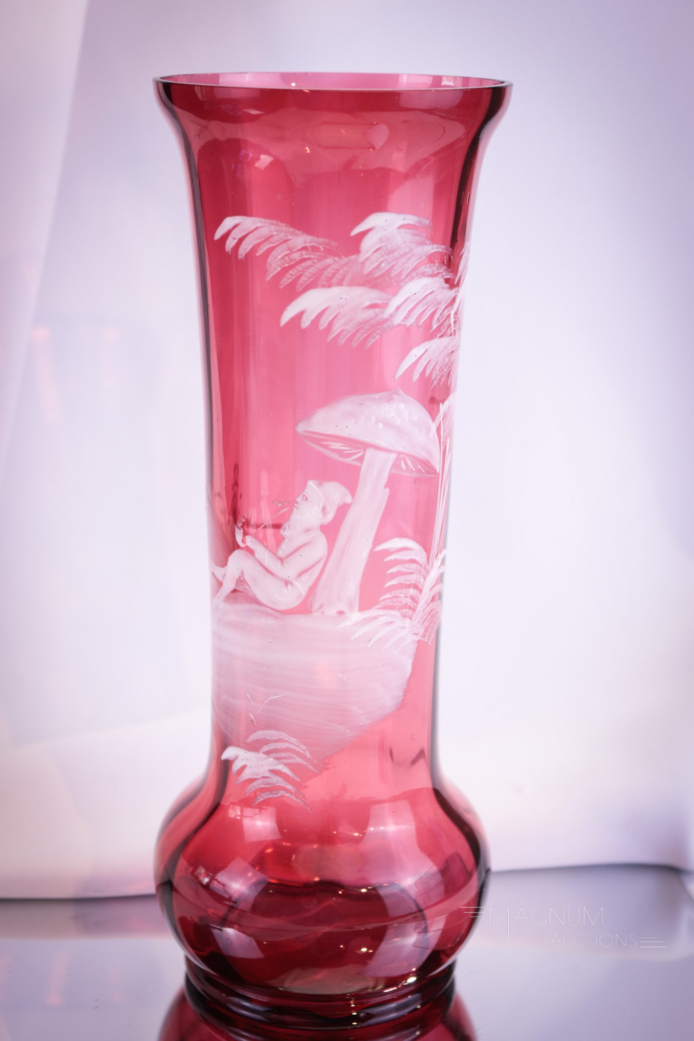 Victorian Cranberry Mary Gregory Gnome & Toadstool Vase: Very nice cranberry Victorian Mary Gregory style decoration of a gnome under a toadstool. This vase is being re-listed due to a non-paying bidder. Vase with nice deep coloring and brilliant white enam
