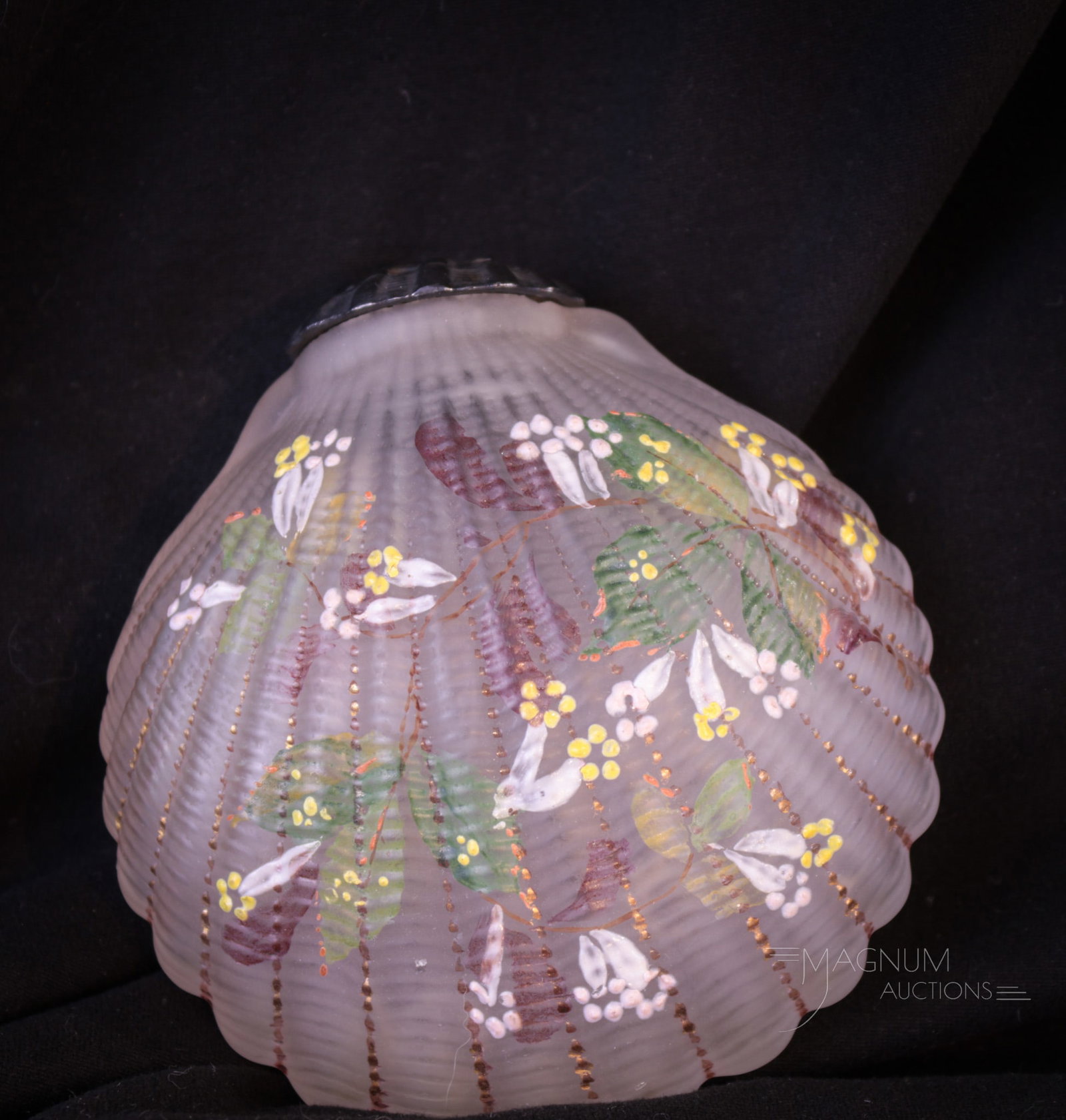 Very Rare Mt. Washington Cockleshell Victorian Glass Sugar Shaker: A Very Rare Mt. Washington Victorian Cockleshell sugar shaker in translucent Flemish glass. This super hard to find shaker would be a prize in any advanced collection. Unusual decoration of honeysuckl