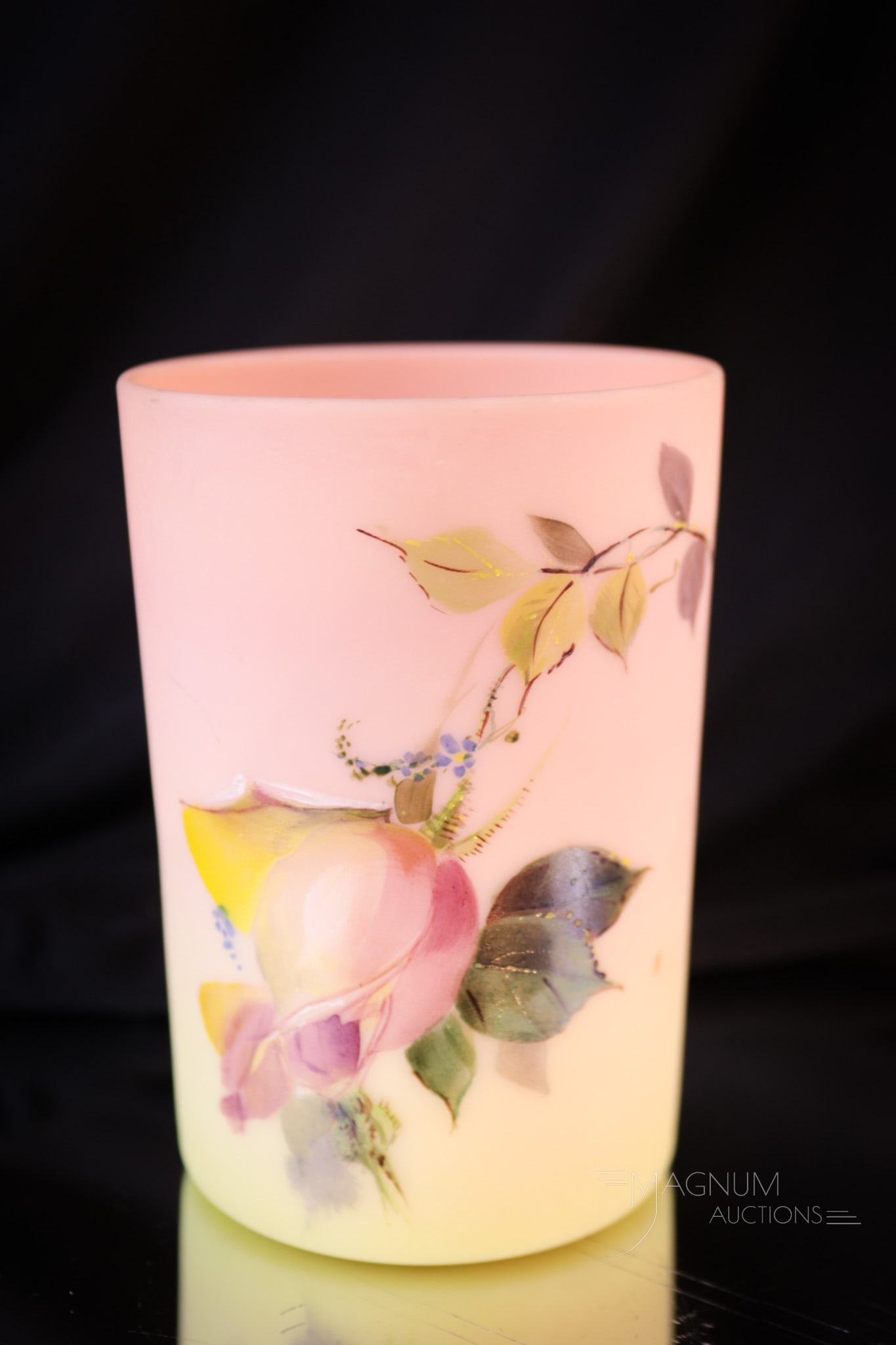 Mt. Washington Victorian Burmese Glass Roses Tumbler: Beautiful shaded burmese glass makes up this Mt. Washington Victorian glass tumbler. This fine example is expertly decorated with roses around. Tumbler measures 3 3/4" tall. Provenance: This item is f