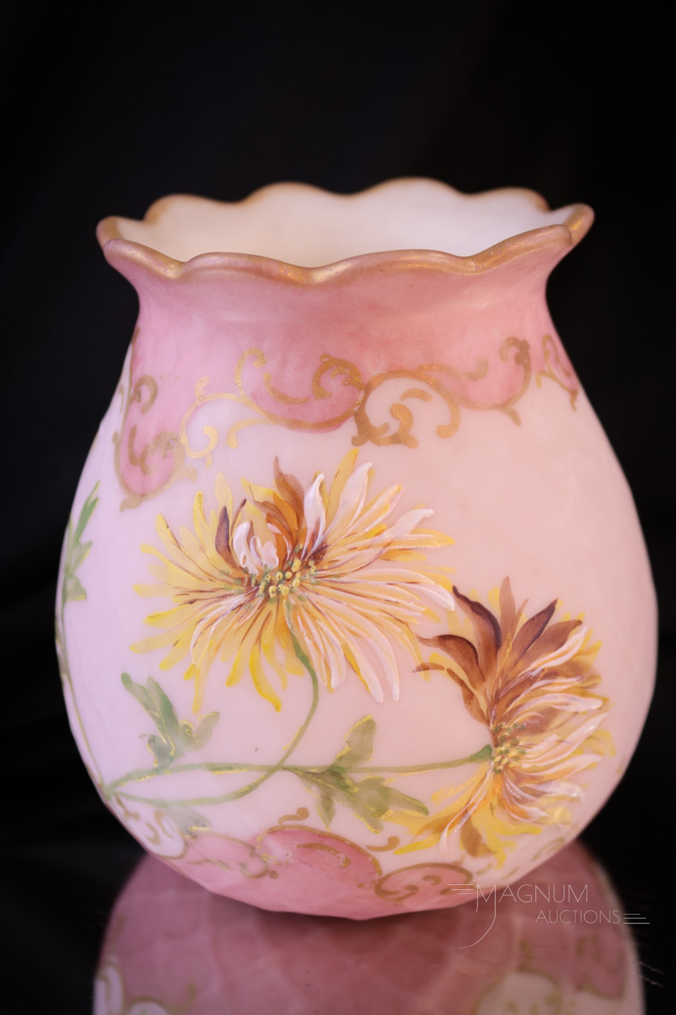 Mt. Washington Crown Milano Victorian Glass Vase: A classic form to find in Mt. Washington glass in their Crown Milano line. This has external diamond quilt pattern and lovely floral enameled decoration. Vase measures 4 1/4" tall.