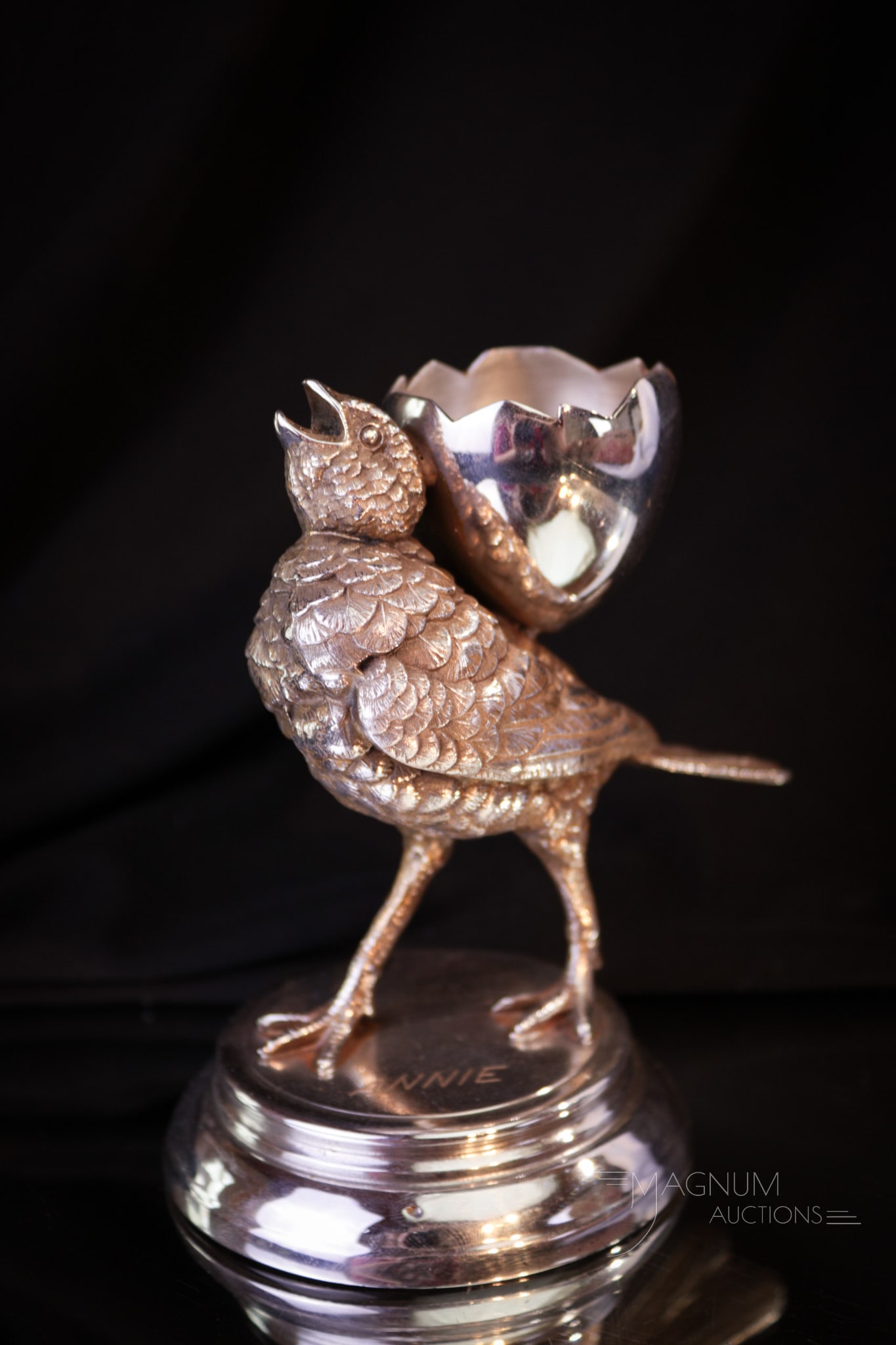 Middletown Victorian Silver Plate Sparrow Toothpick Holder: Adorable Victorian silverplate Sparrow figural toothpick holder. Piece is engraved "Annie" on the base. Piece measures 5" tall. Provenance: This item is from the private collection of Eileen Flaks. Ei