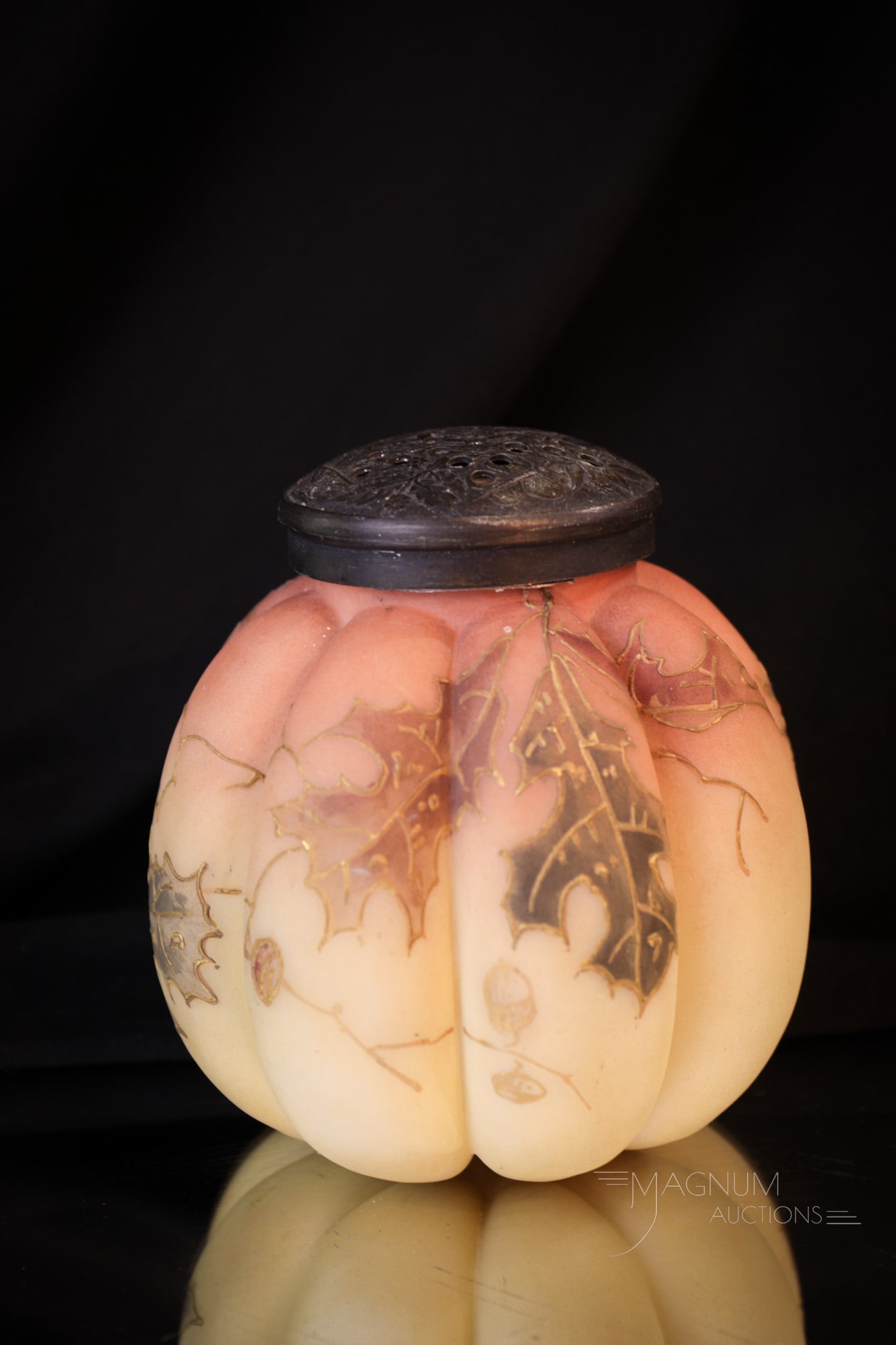 Mt. Washington Crown Milano Lobed Sugar Shaker: Beautiful fall oak leaves decorate this nice Mt. Washington glass sugar shaker. This one in a lobed form.and complete with acorns. Shaker measures 3 3/4" tall.