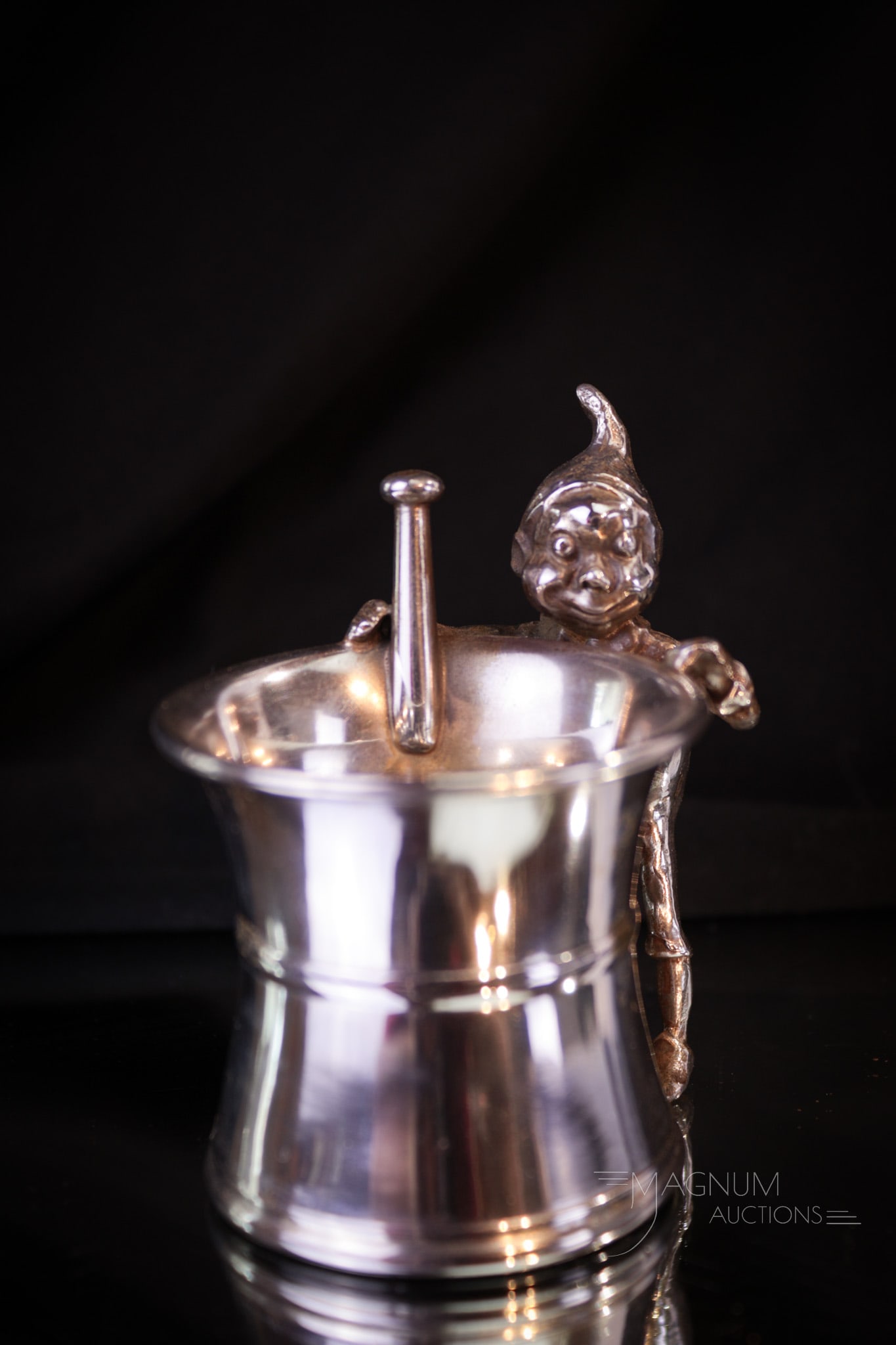 Pairpoint Silverplate Victorian Palmer Cox Brownie Toothpick Holder: Impish little grin on this Victorian gender neutral Brownie! A charming find in signed Pairpoint silverplate. Toothpick holder measures a whopping 3" tall. Provenance: This item is from the private c