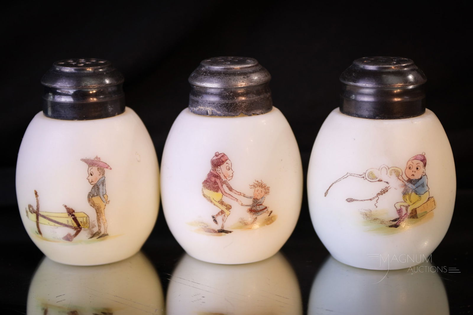3 pc Lot Victorian Egg-based Victoria Opal Glass Palmer Cox Brownie Salt Shakers: Three select examples of the frolicking fun Palmer Cox Brownies. These Brownies busy in varying activities is depicted on each of these shakers. These egg-based form opal glass shakers are of the Vict