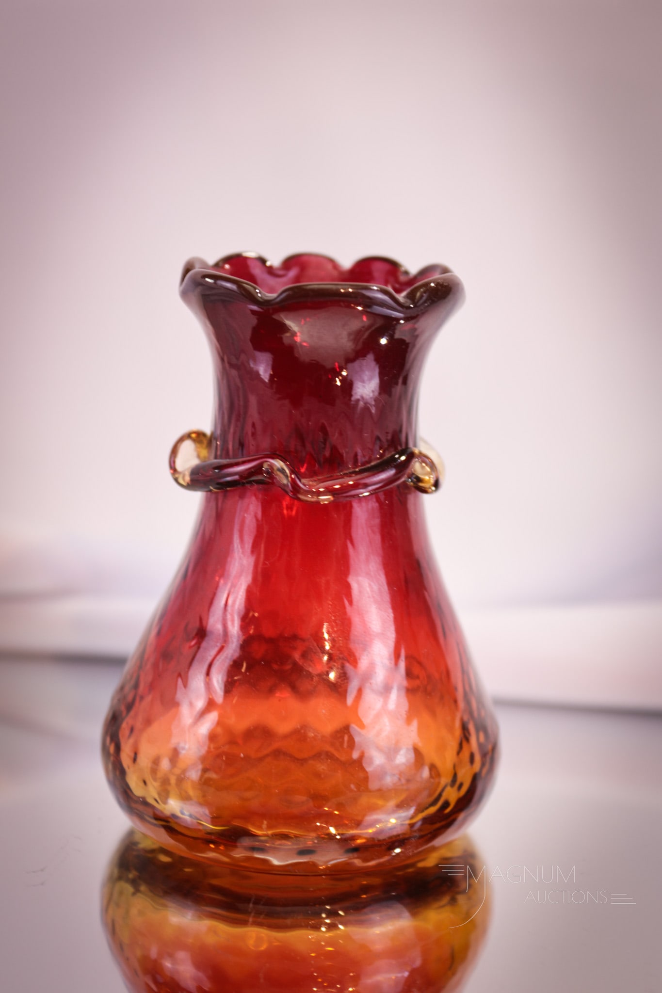 Victorian 3" Diamond Quilt Miniature Glass Cabinet Vase: Quaint little gem here folks! This fine little Victorian glass cabinet vase has fine diamond quilt pattern to the body and applied rigaree around the neck. It measures 3" tall. Provenance: This item i