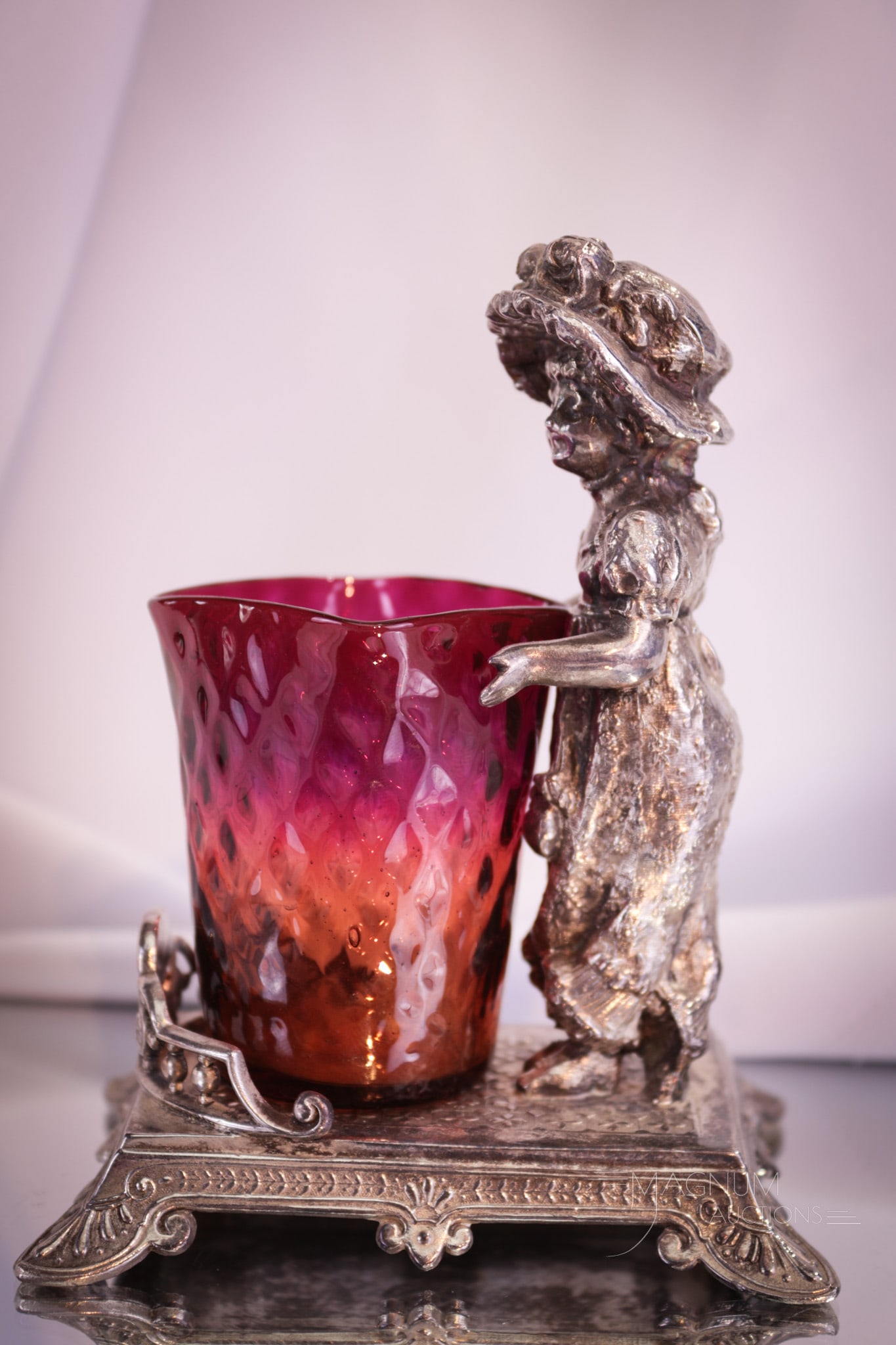 Tufts Victorian Silverplate Kate Greenaway Amberina Toothpick Holder: A beautiful find in Victorian amberina glass and silverplate. This wonderful toothpick holder in perfect shaded amberina glass has externally diamond quilt surface. Perfect color too. The holder is ma