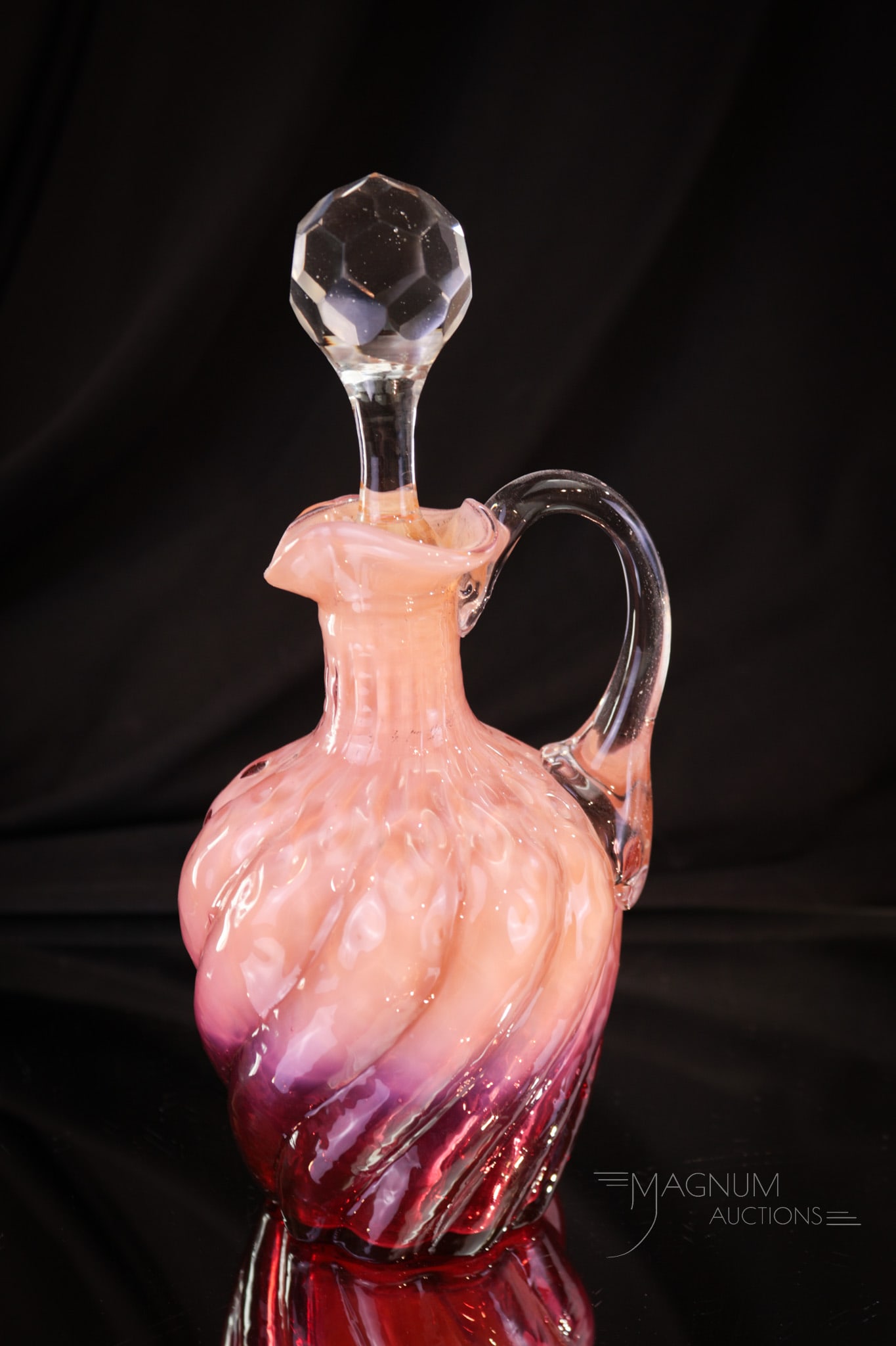 Phoenix Harrach Victorian Peach Opalescent Cranberry Cruet: Beautiful attributed to either Phoenix or Harrach, this Victorian glass cruet is quite rare. A wonderful peach opalescent cranberry glass in classic twist mold and diamond quilt pattern. Cruet is comp
