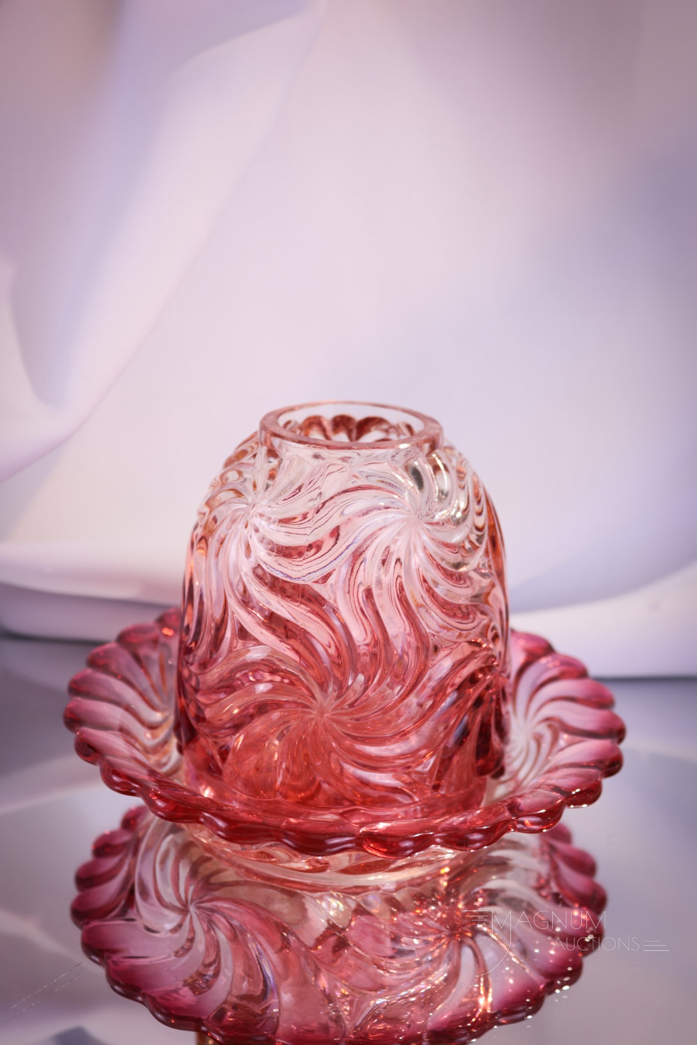 Marked Baccarat France Rose Tiente Fairy Lamp: Fine marked Baccarat Rose Tiente pinwheel swirl fairy lamp complete with base. A lovely find and getting harder to find. This one measures 4" tall.