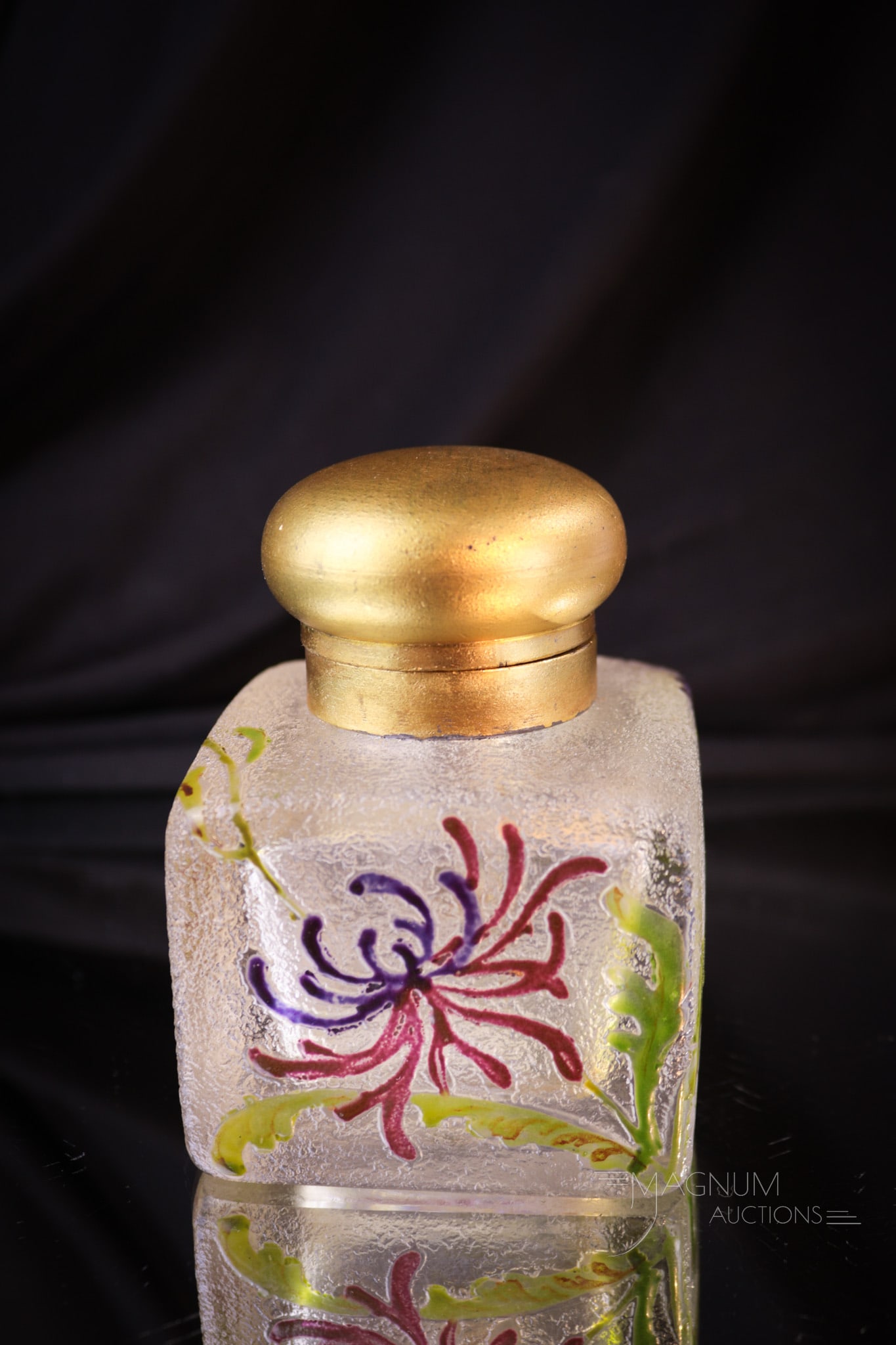 French Enameled Glass Victorian Glass Inkwell: Fine French Victorian art glass textured frosted glass inkwell with enameled florals. Complete with original mountings. Measures 3 3/4" tall.