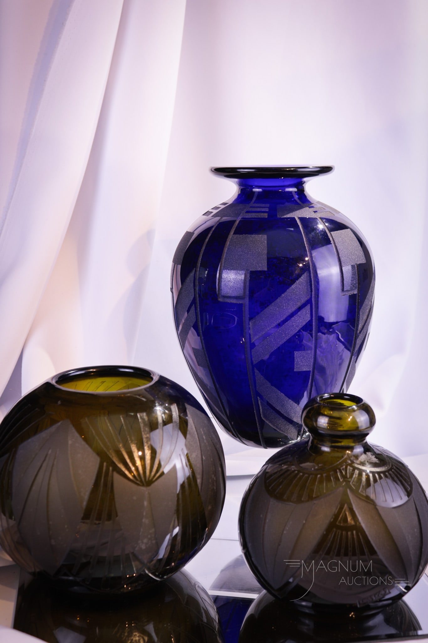 3 pc Lot Art Deco Cameo Cut Art Glass Vepart & Legras: Three selections sure to be collection enhancing. Included in this offering is two marked Legras examples in smoke color. The third is a large cobalt example and marked Vepart. Tallest measures 9".