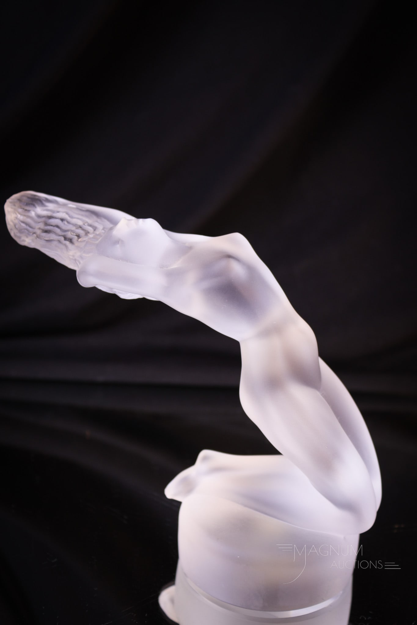 Signed Lalique France Nude "Chrysis" Hood Ornament Figurine: Fine signed Lalique France "Chrysis" hood ornament figurine. Piece measures 5" tall.