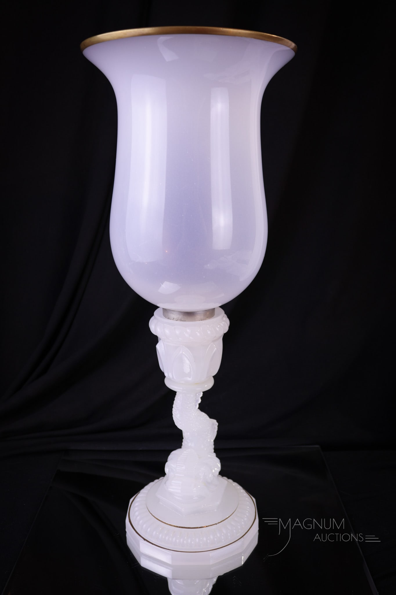 Portieux Vallerysthall White Opaline Glass Dolphin Candle Luster: Beautiful and seldom found Portieux Vallerysthall white opaline candle luster. Piece has dolphin form base and hurricane chimney. Both of which are white opaline. Measures 16" tall.