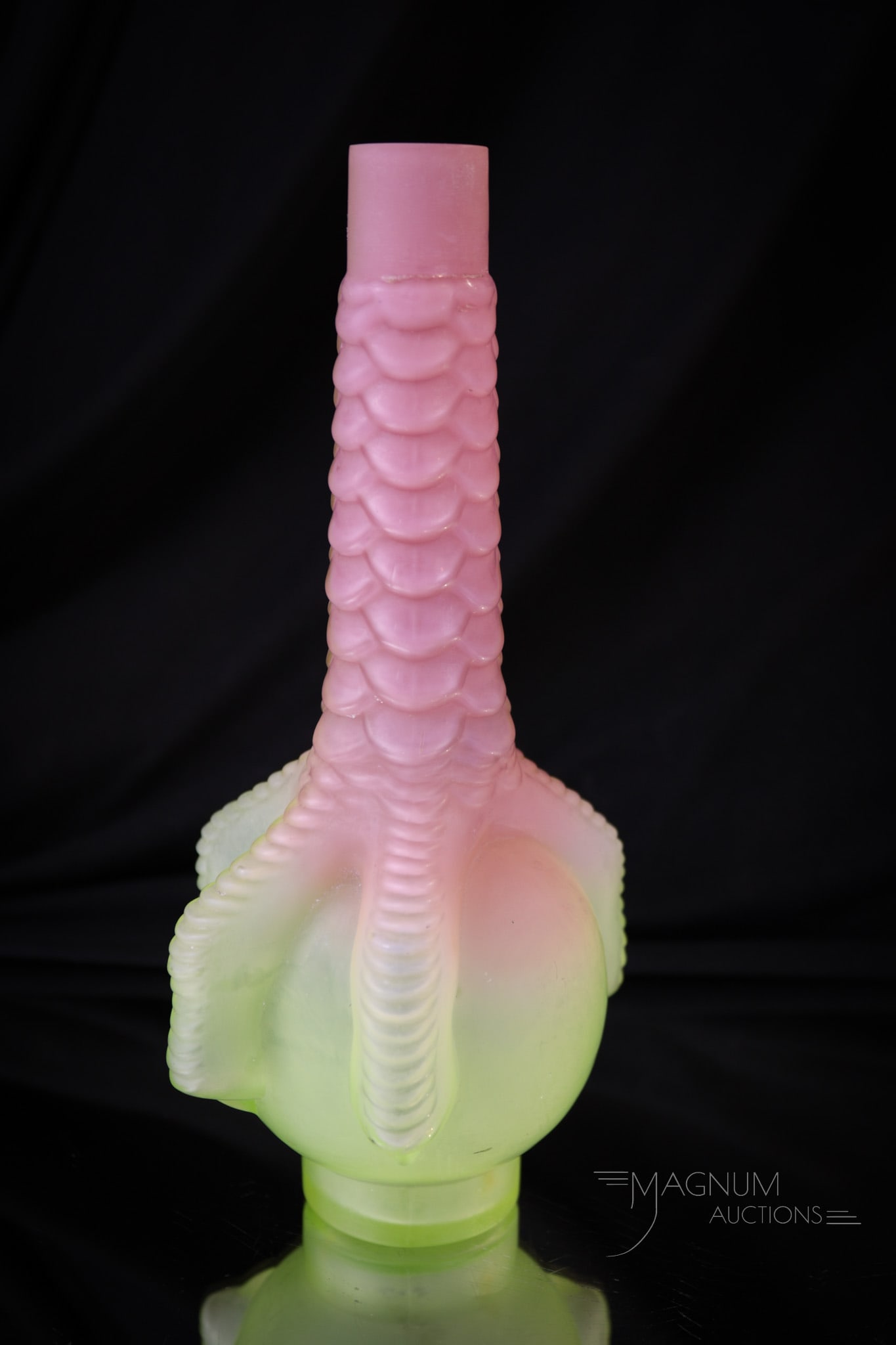 Very Rare Pink Opalescent Vaseline Glass Claw & Ball Foot Barber Bottle: Vasies stand up and take note of this Very rare pink opalescent vaseline glass Victorian Claw and Ball foot barber bottle. This piece with excellent pattern definition This bottle seldom, if ever show