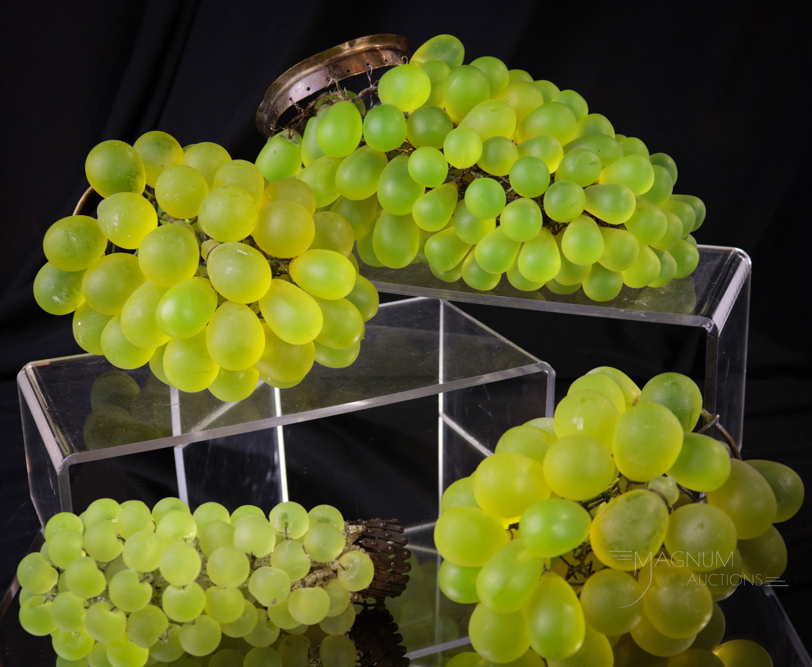 4 pc Lot Rare Czechoslovakian Vaseline Glass Grape Cluster Lamp Shades: Four rarely found antique Czechoslovakian vaseline glass grape cluster lamp shades covers. These are brilliant under black light. They will knock your socks off as well as give you plenty of raditatio