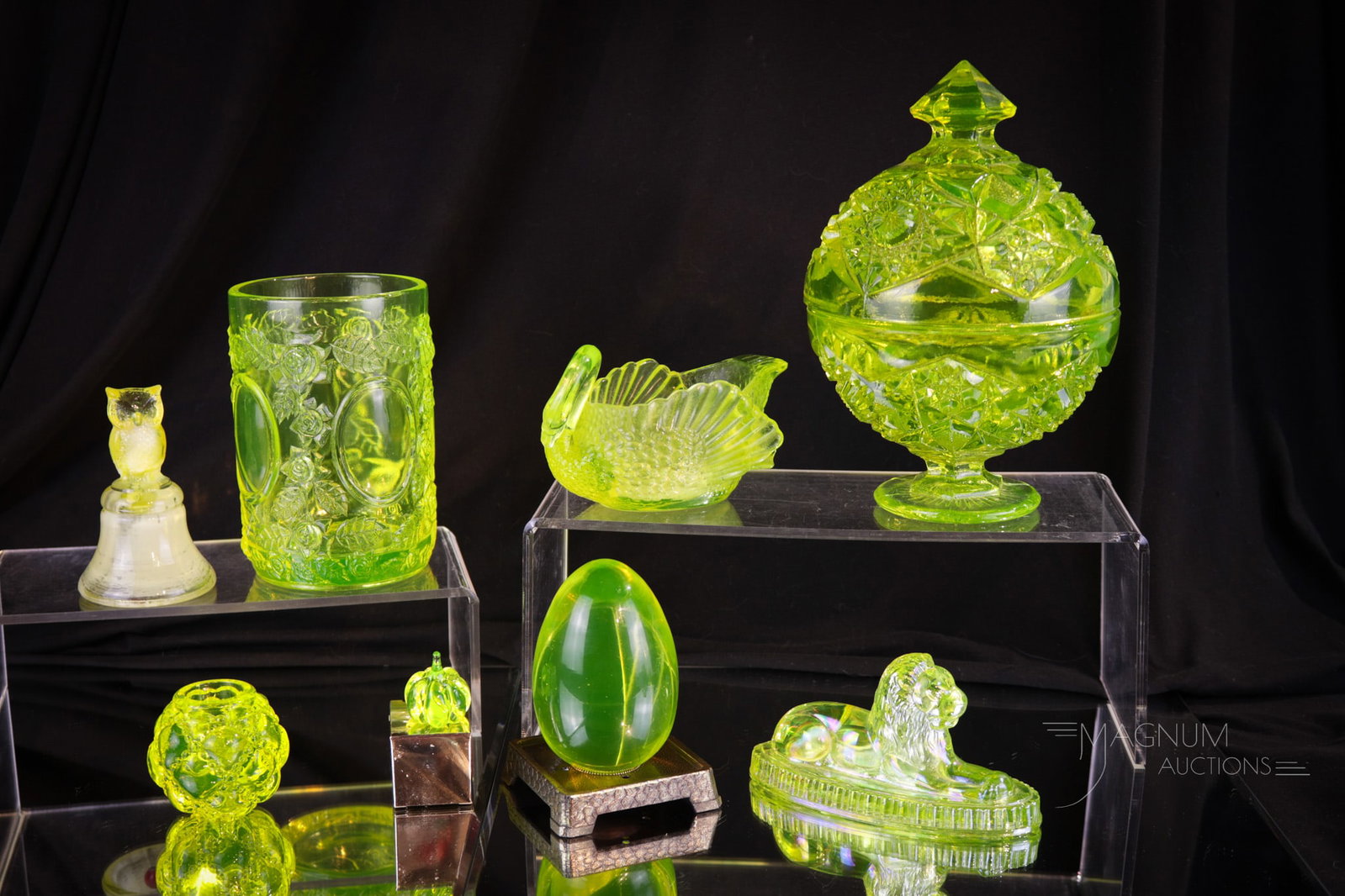 8 pc Lot Vaseline Glass Pleasures: Eight pleasures to behold in vaseline and uranium content glass. Tallest measures 7". Included in the lot is a gorgeous and highly desired Boyd owl bell in cornsilk color, which is manganese. Amazing 