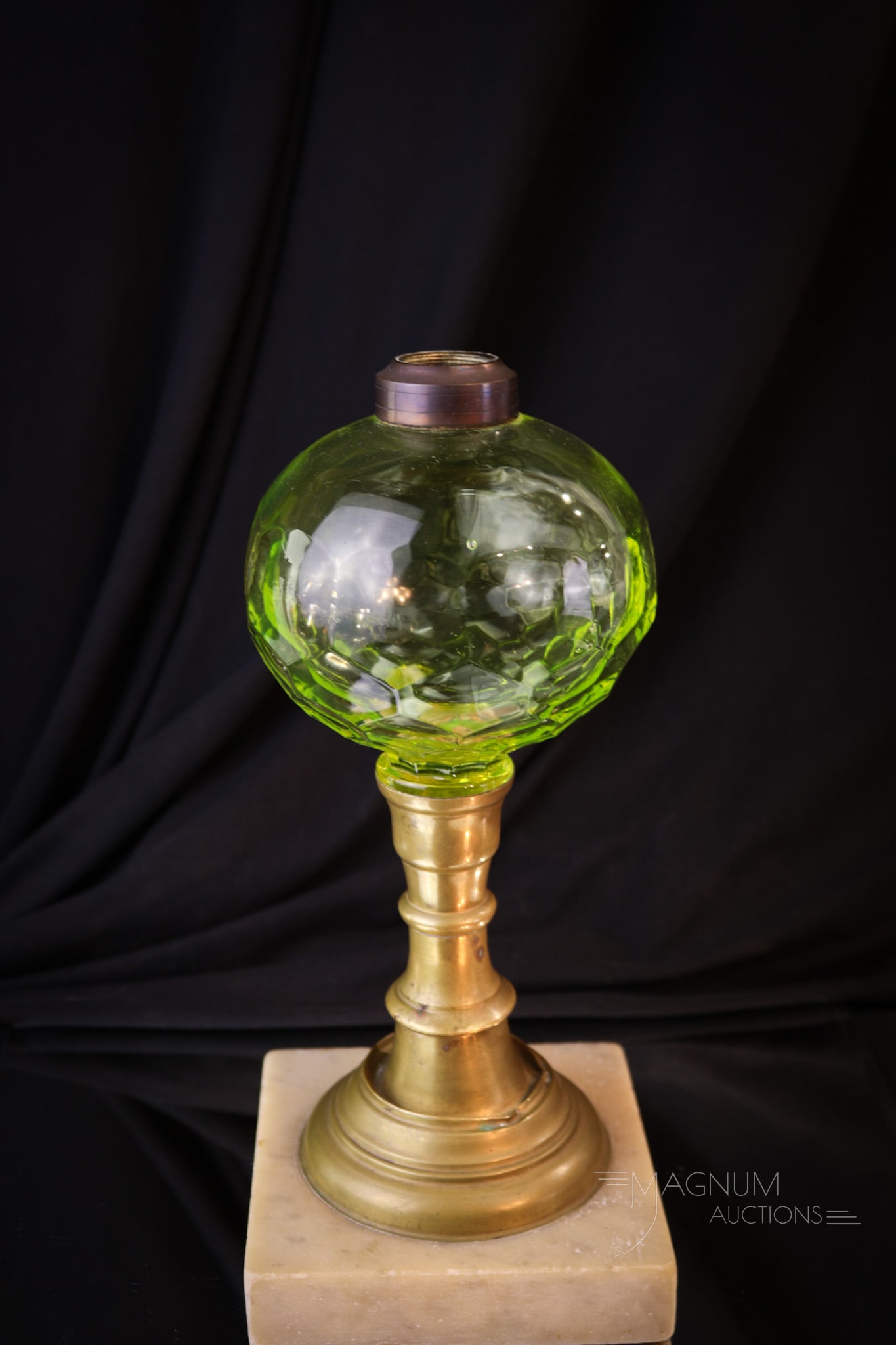 Vaseline Sandwich 1850's Flint Victorian Oil Lamp: A super find is this Sandwich glass from the 1850's vaseline flint glass honeycomb pattern oil lamp. This lamp on marble base measures 10" tall.