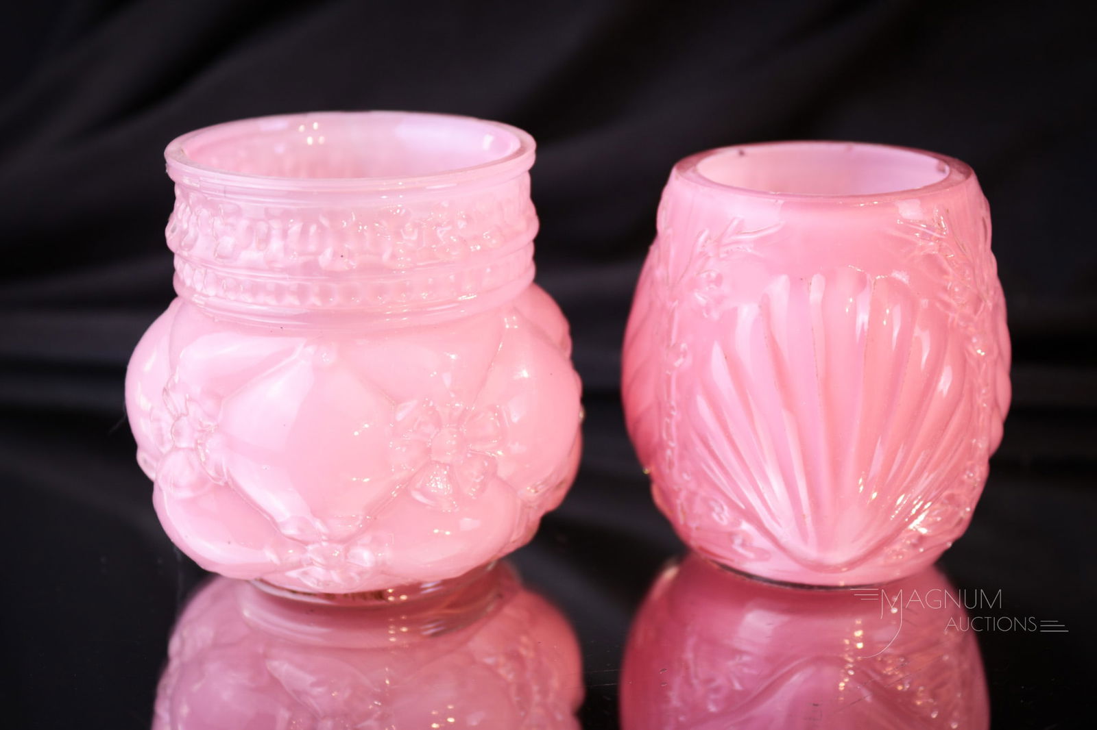 2 pc Lot Pink Cased Northwood & Consolidated Glass Victorian Toothpick Holders: Two fine examples of Consolidated and Northwood Victorian glass toothpick holders in pink cased glass. One in the Northwood Quilted Phlox pattern. One in the Shell pattern. Tallest measures 2 1/4". Mi