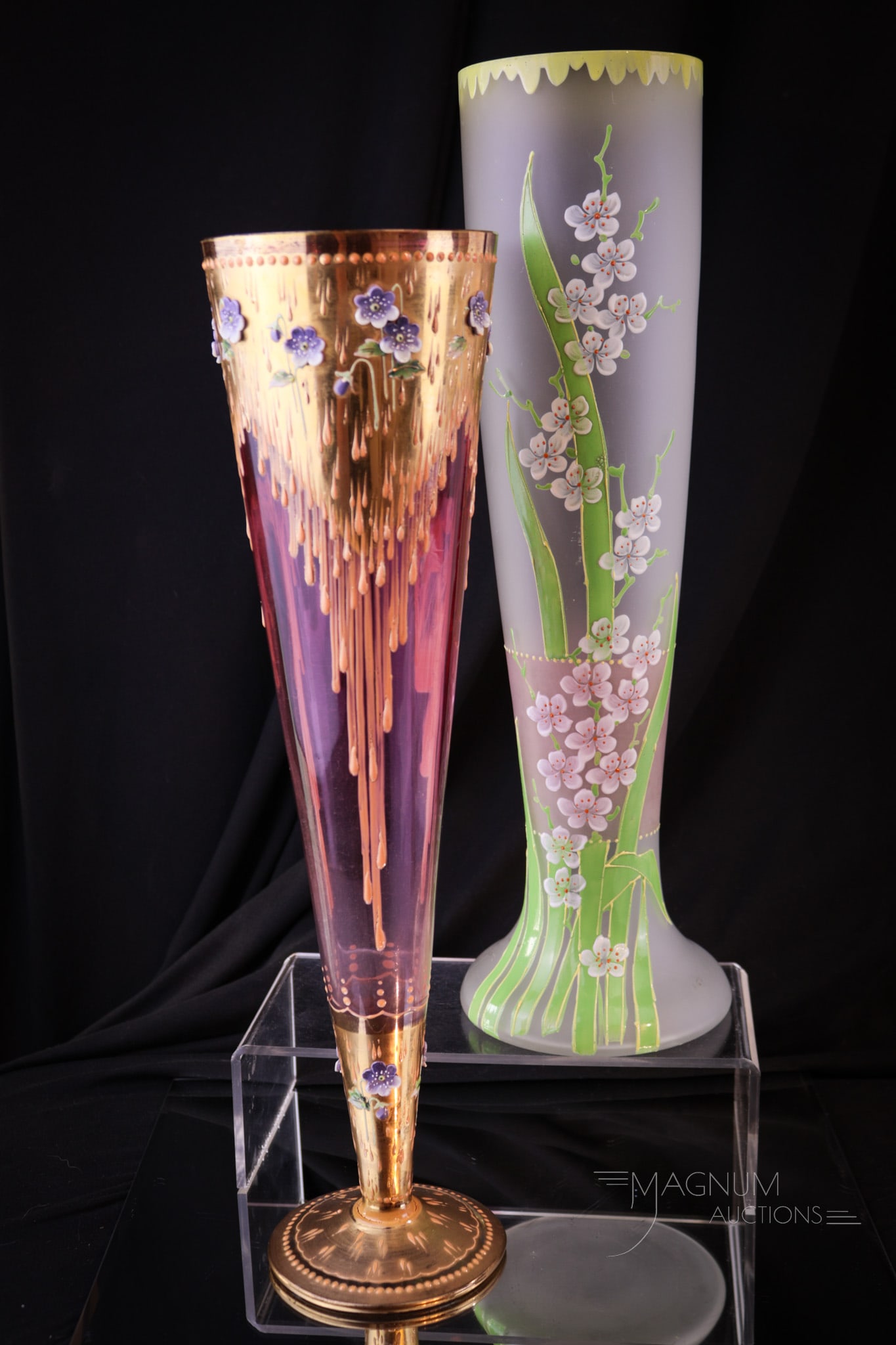 2 pc Lot 15" Victorian Moser Bohemian Glass Vases: Two wonderful Victorian Moser or Bohemian glass vases. Both measures 14 3/4" tall. Each unique in design.