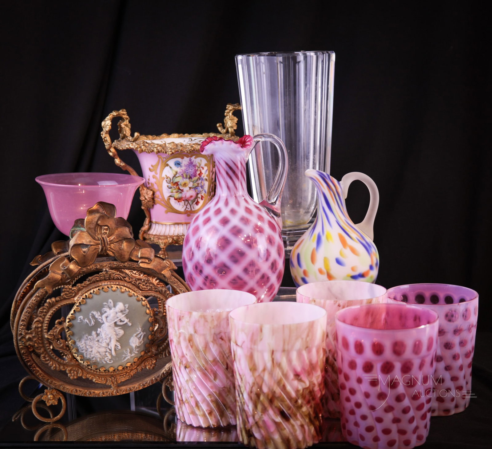 11 pc Lot "Victorian & Art Glass Lovers" Fineries: Eleven pieces of Victorian and art glass makes up this splendid lot. Lot includes crystal, Steuben, Cased spatter Victorian, Satin and more. Tallest measures 7".
