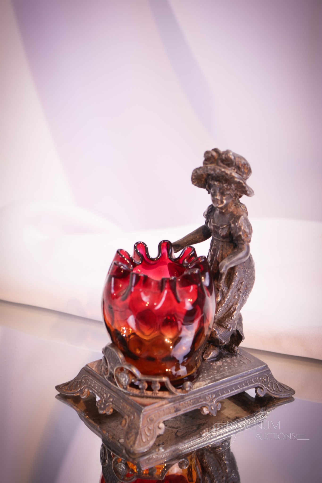 Tufts Kate Greenaway Figural Silverplate New England Glass Victorian Toothpick Holder: Great Kate Greenaway figural signed, "Tufts" silverplate holder complete with a New England Victorian amberina glass crimped top toothpick holder. This is a super and seldom found example. Measures 5"