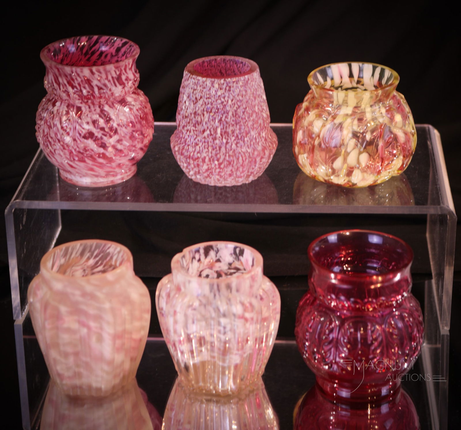 6 pc Lot Northwood Victorian Glass Toothpick Holders: Offered in this lot are six unique finds in Northwood glass Victorian toothpick holders Examples include Leaf Umbrella, Chrysanthemum Base swirl with Frit finish, Leaf Mold, and Ribbed Pillar. Tallest