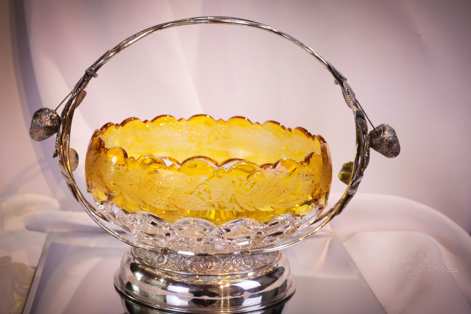 Victorian Silverplate Hobb's Block Victorian Amber Stained Glass Brides Basket (1 of 9)