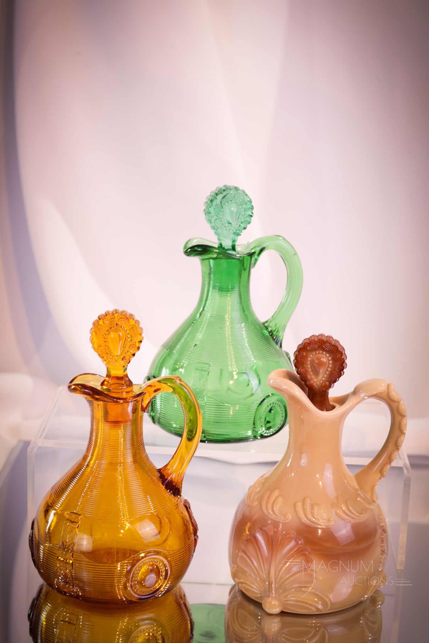 3 pc Lot Greentown Victorian Glass Dewey & Leaf Bracket Cruets (1 of 13)