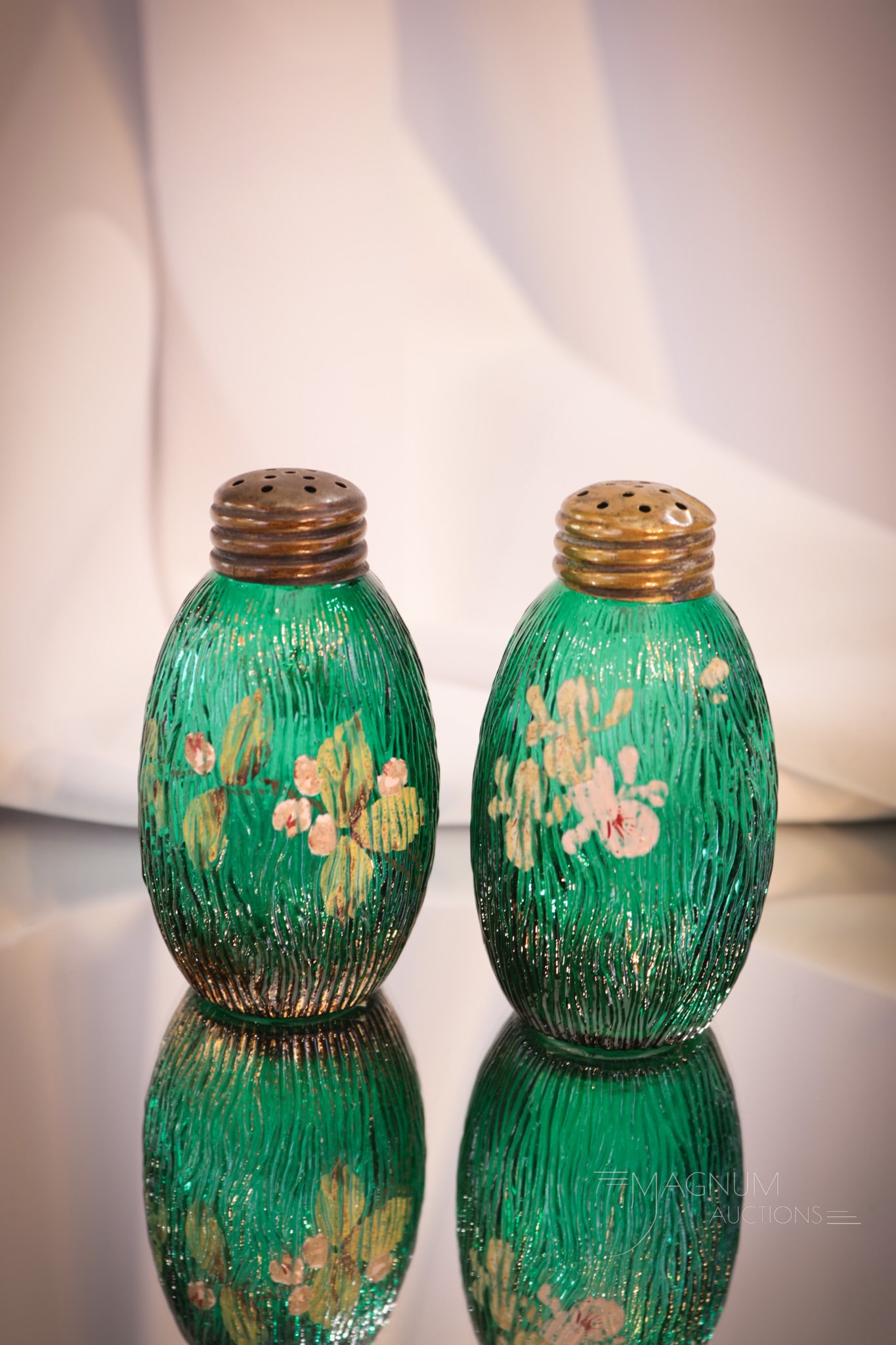 Scarce Mt. Washington Teale Green Enameled Bark Salt Shakers (1 of 5)
