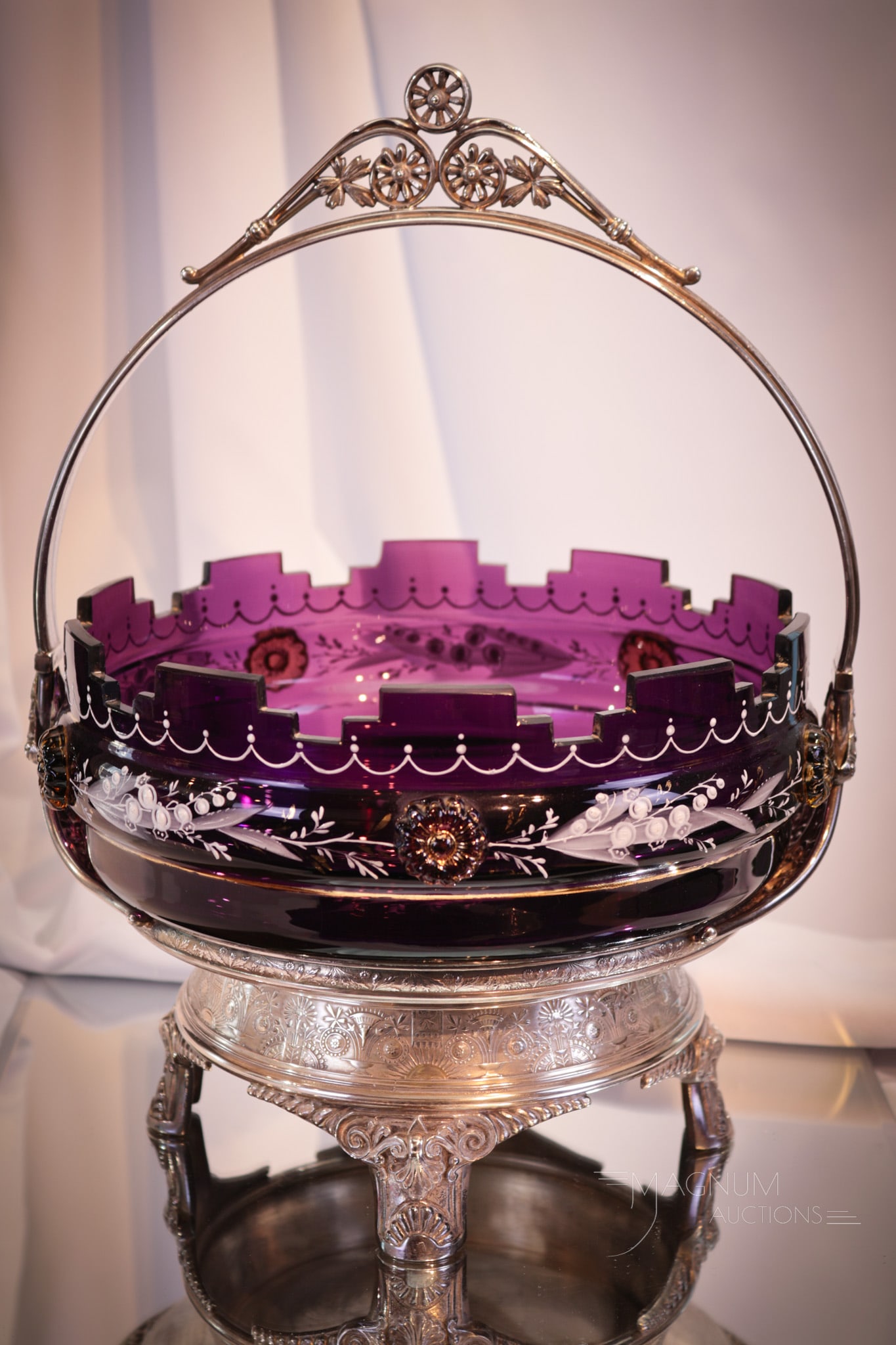 Magnificent Victorian Amethyst Enameled Brides Bowl Basket Meriden Silverplate (1 of 11)