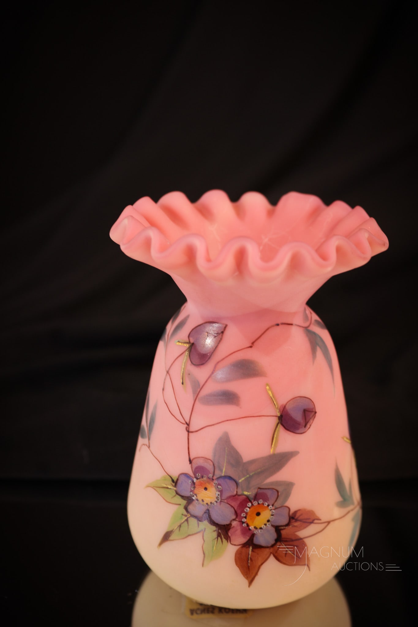 Webb Burmese Victorian Glass Cabinet Vase: A fine offering for your bidding pleasure. This Thomas Webb burmese glass cabinet vase is decorated with florals. Graceful form and tightly ruffled rim. Measures 4" tall.