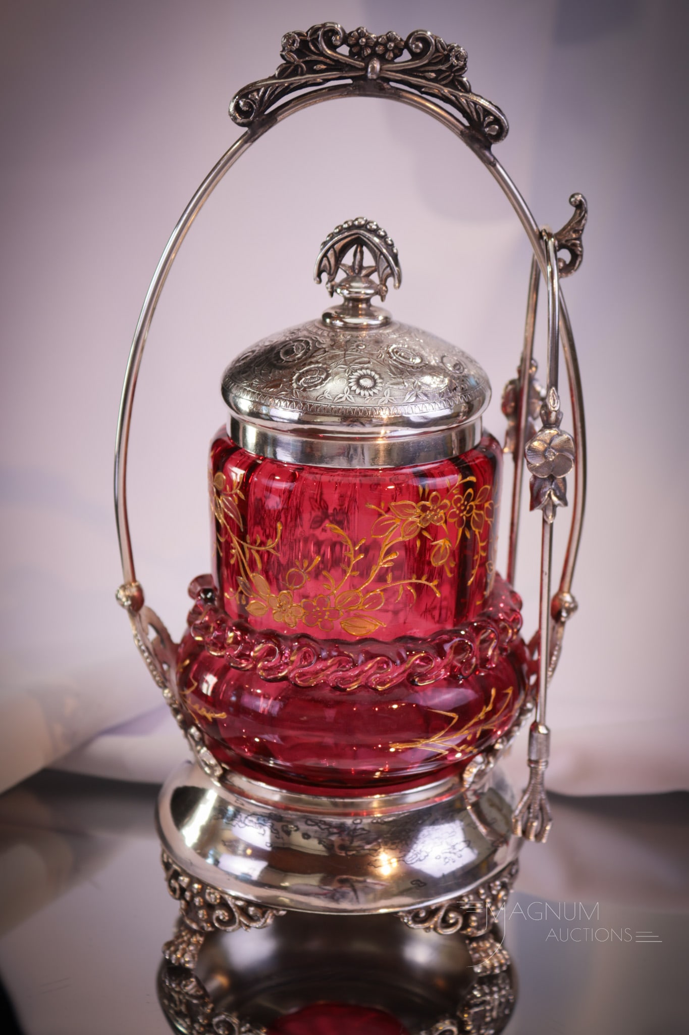 Victorian Silverplate Cranberry Enameled Victorian Pickle Castor (1 of 10)