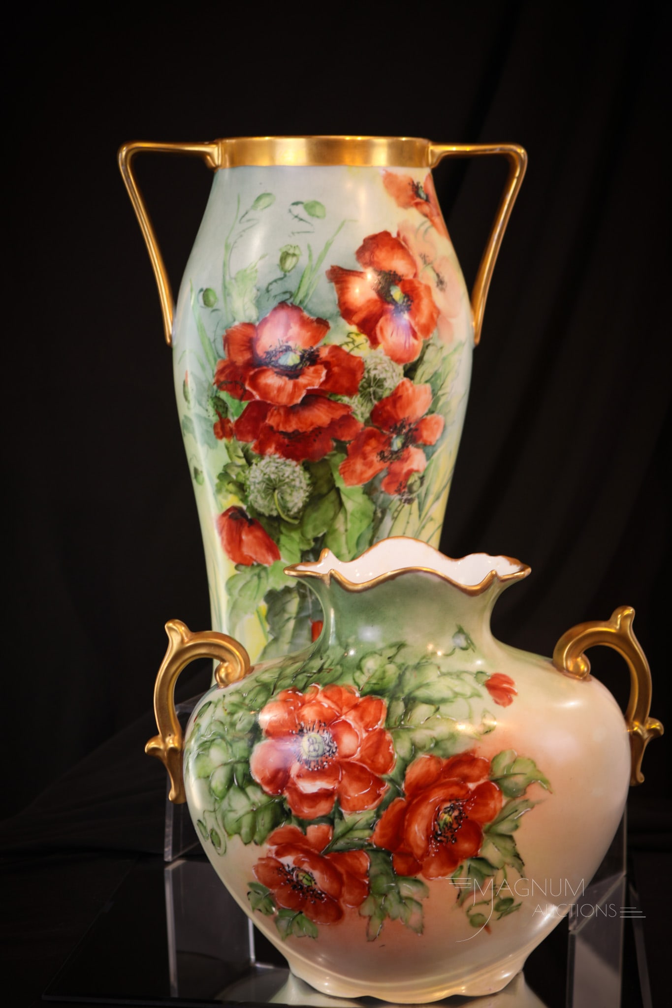 2 pc Lot Hand Painted Porcelain Poppy Vases Bavaria & Austria (1 of 13)