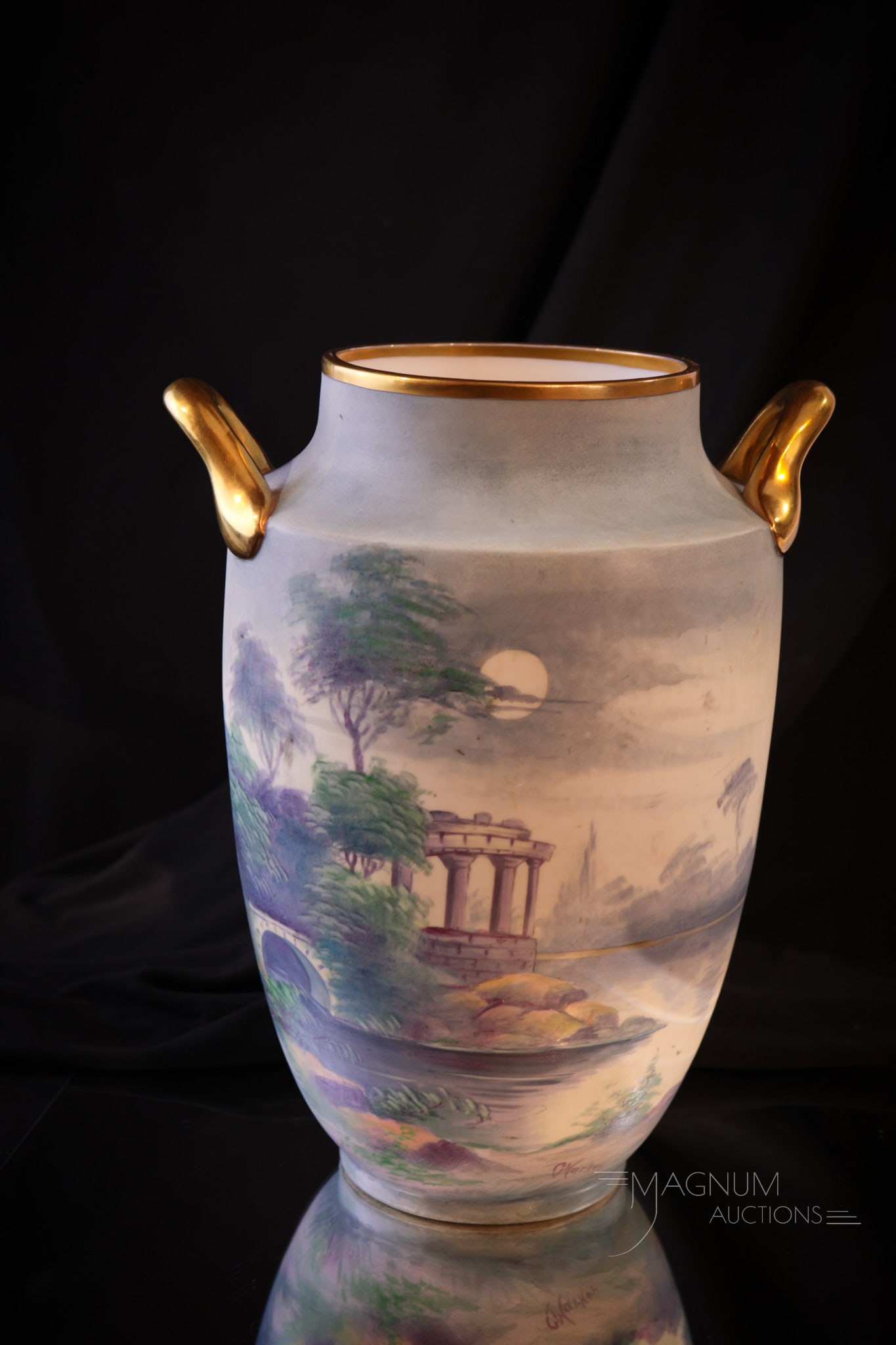 Pickard Scenic Vellum Artist signed Porcelain Double Handle Vase (1 of 9)