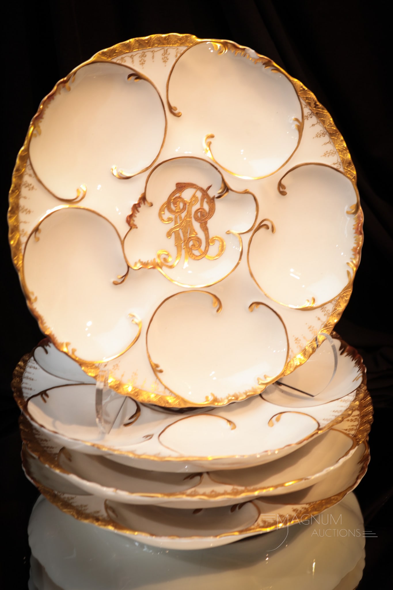 Set of 4 Haviland France Porcelain Oyster Plates Artist Signed "1906" Dated & Monogrammed (1 of 10)