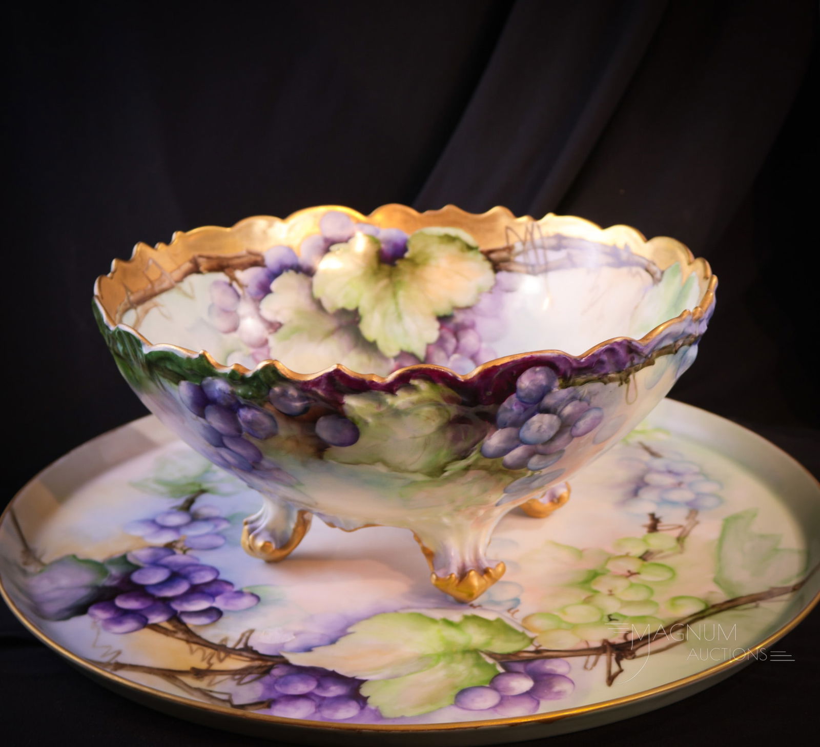 T & V Limoges Hand Painted Grapes Center Bowl and Tray (1 of 13)