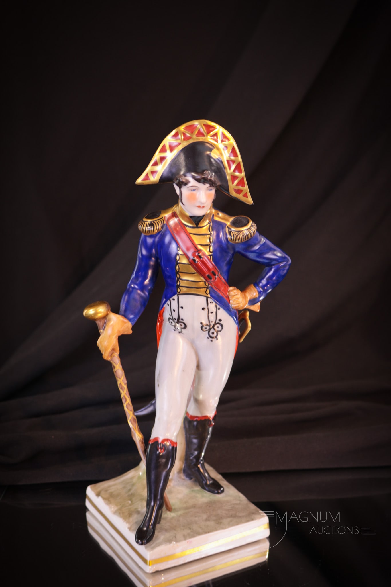 Dresden Napoleonic Porcelain West Germany Figurine: A fine piece marked Dresden Western Germany hand painted Napoleonic figurine. Piece measures 9 1/2" tall.