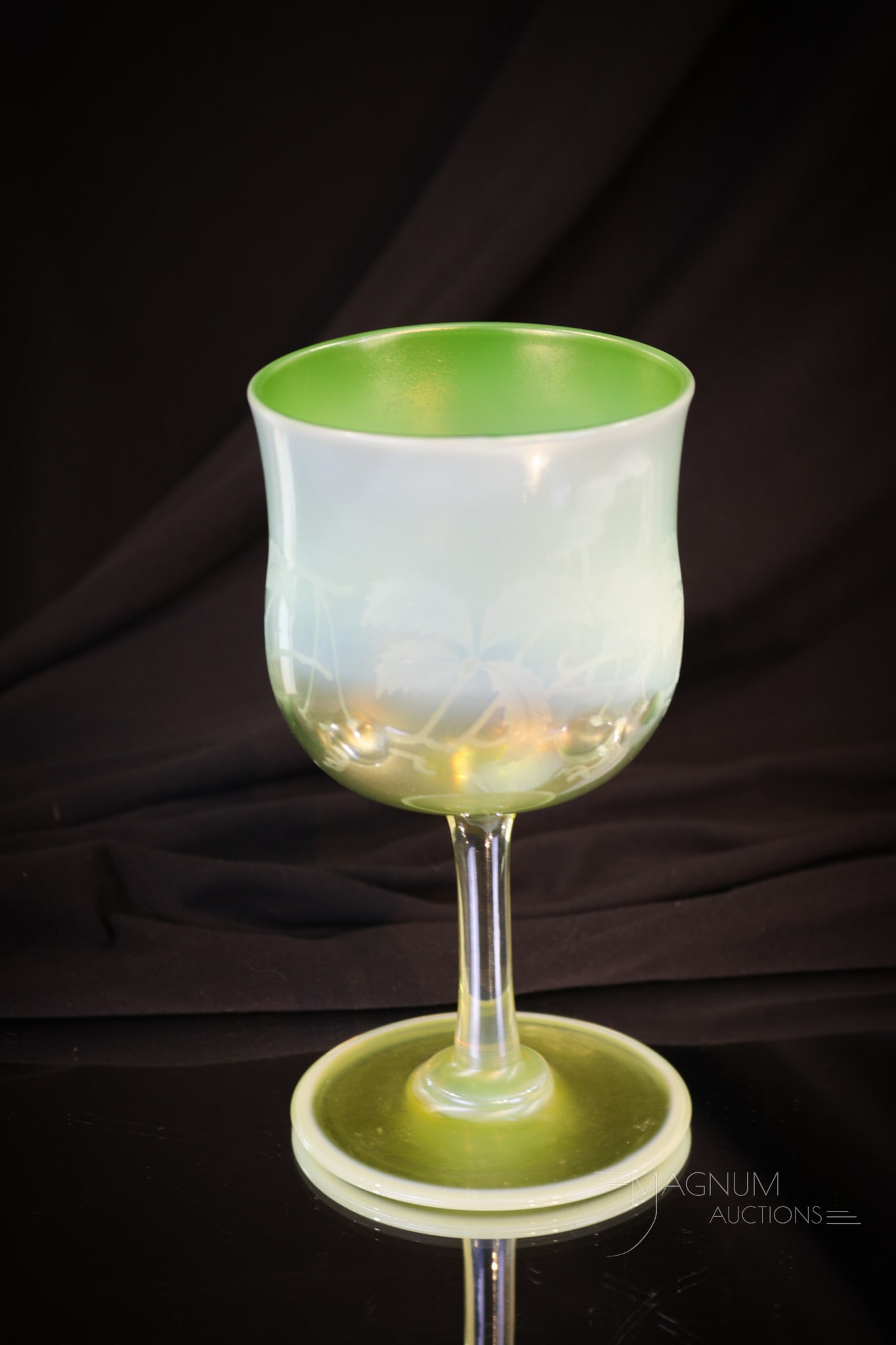 Signed Tiffany Favrile Green Pastel Engraved Art Glass Water Goblet (1 of 7)
