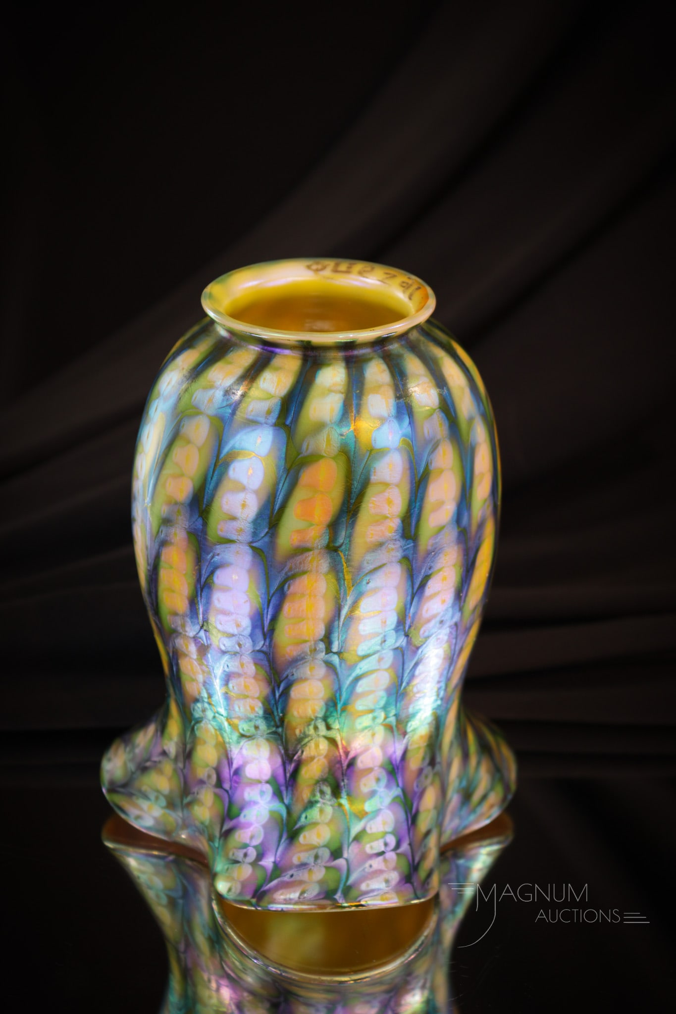 Signed Quezal Snakeskin Electric Blue & Orange Iridescent Art Glass Shade (1 of 6)