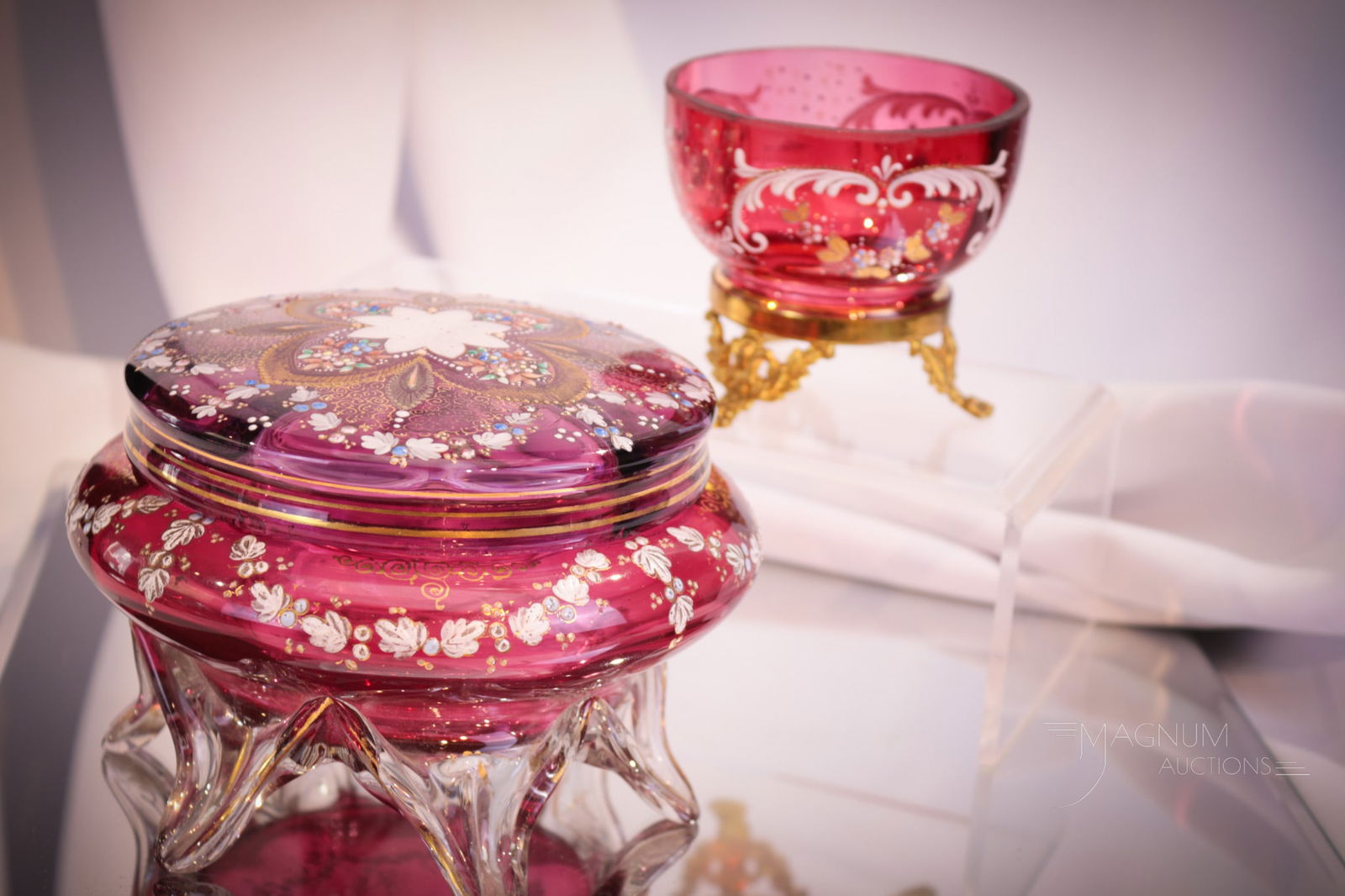 2 pc Lot Love of Cranberry Moser Glass Dresser Box & More (1 of 12)