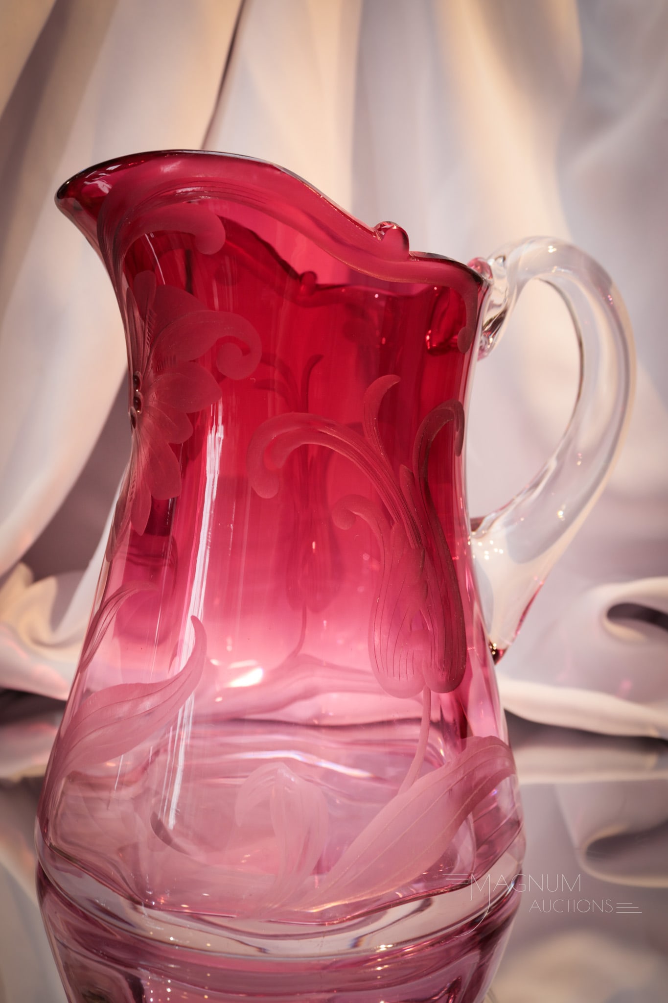 Moser Intaglio Cut Cranberry Glass Victorian Art Nouveau Water Pitcher (1 of 7)