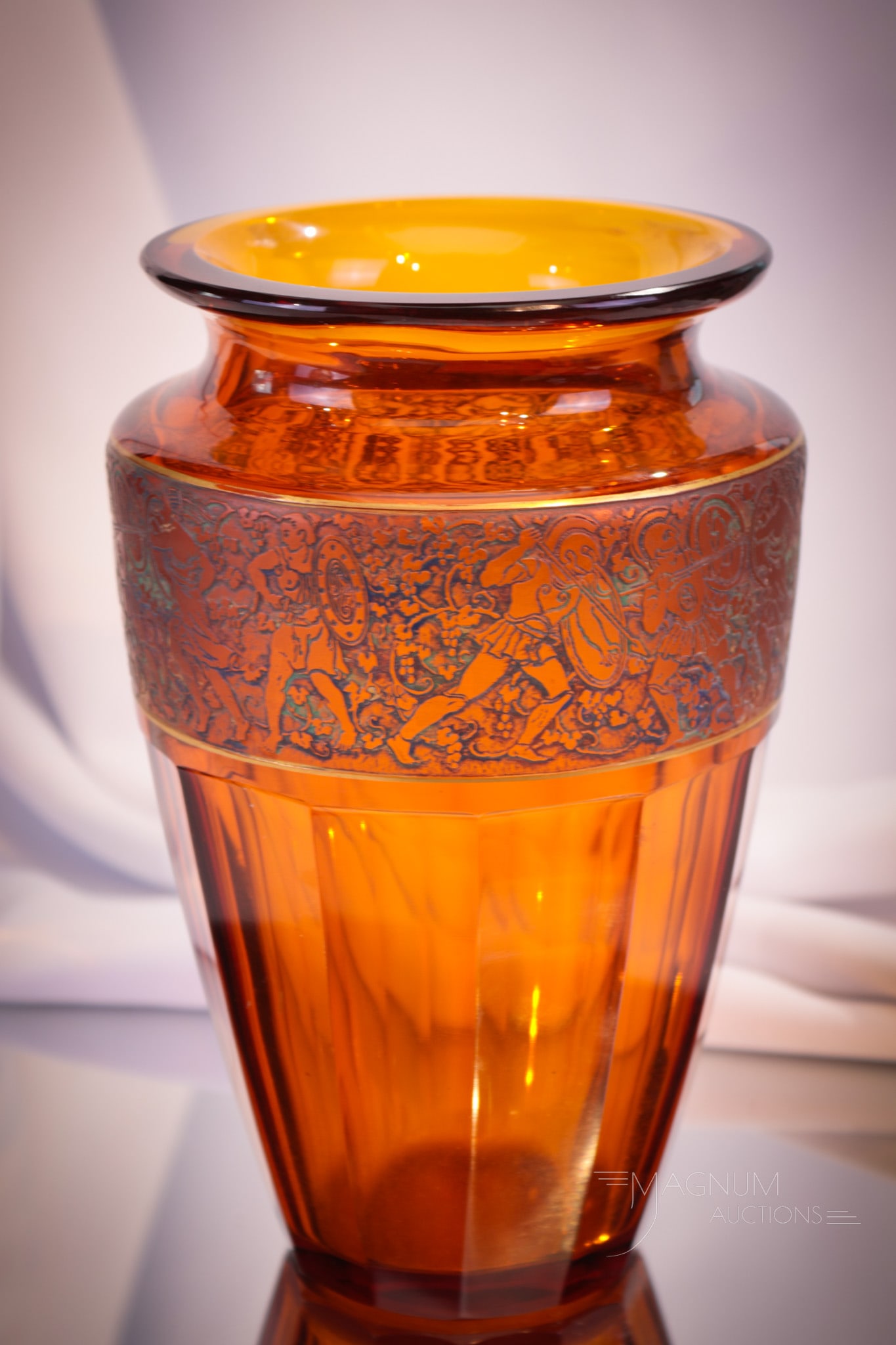 8" Signed Moser Carlsbad Roman Soldier Frieze Amber Glass Vase (1 of 5)