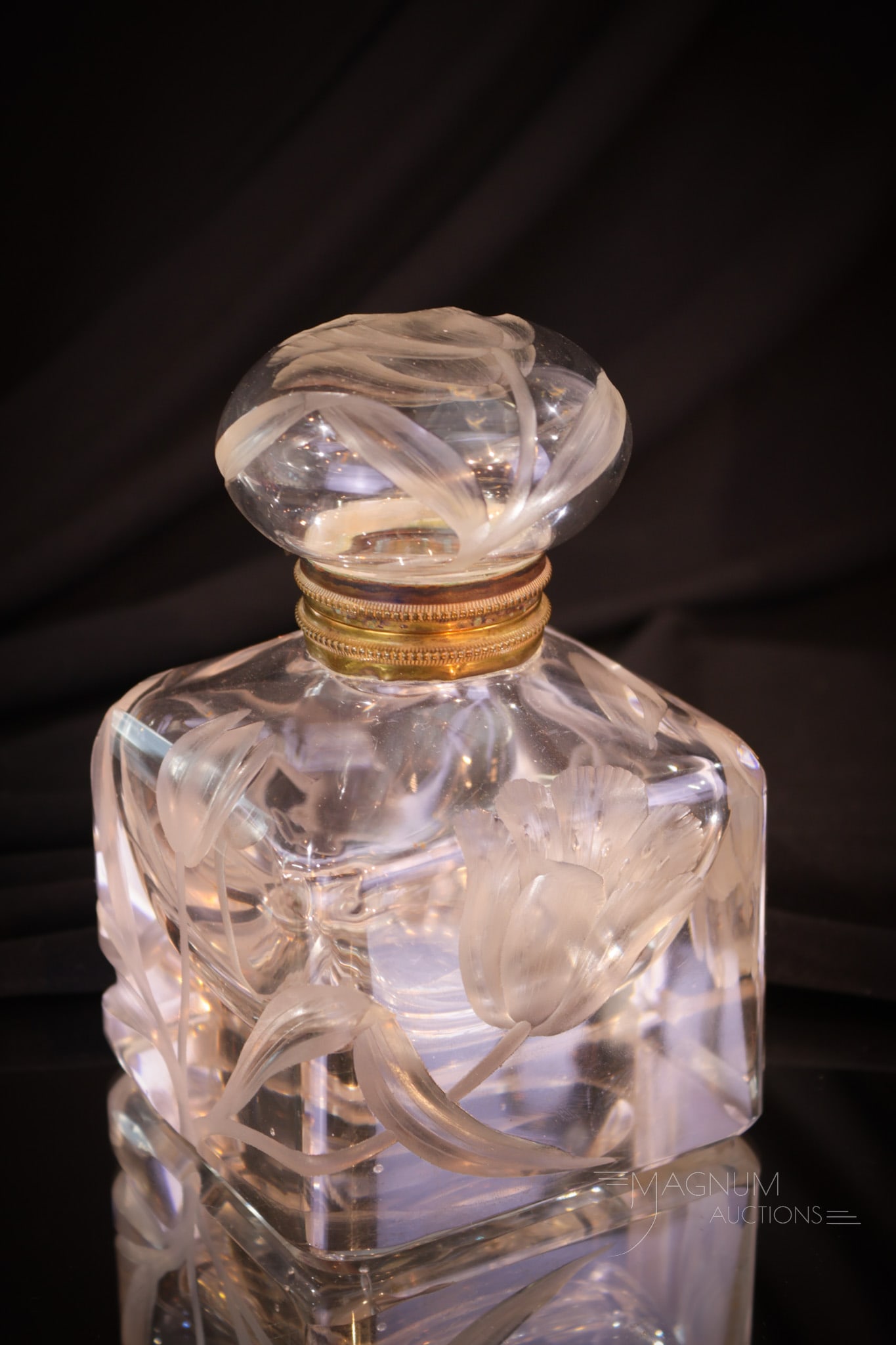 Moser Intaglio Cut Victorian Glass Inkwell with Tulips: Wonderful Moser Intaglio cut glass with tulips inkwell. This fine example is large in size and measures 5 3/4" tall. Wonderful example.