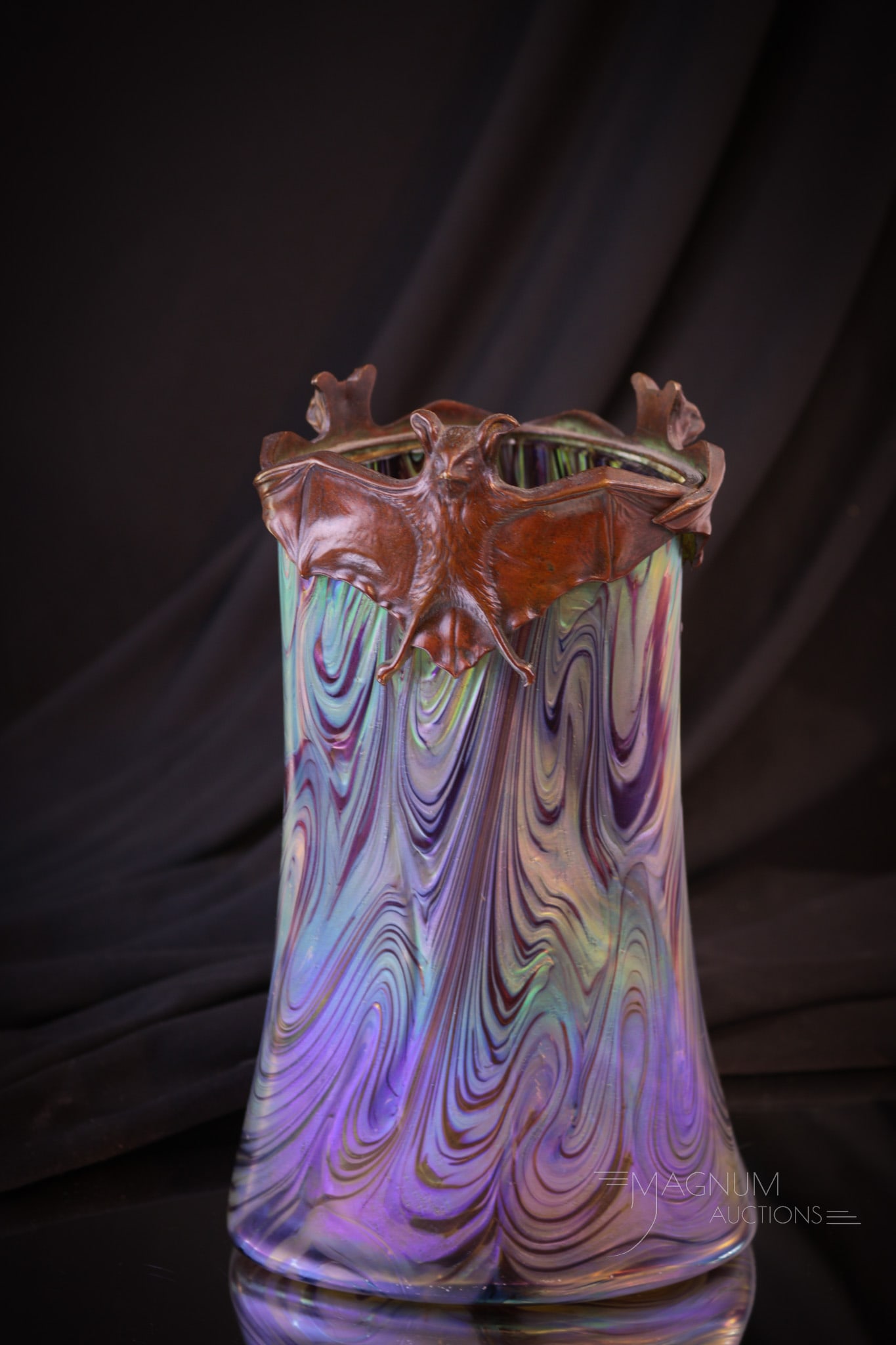 Kralik Art Nouveau Iridescent Art Glass & Metal Bat Vase (1 of 8)