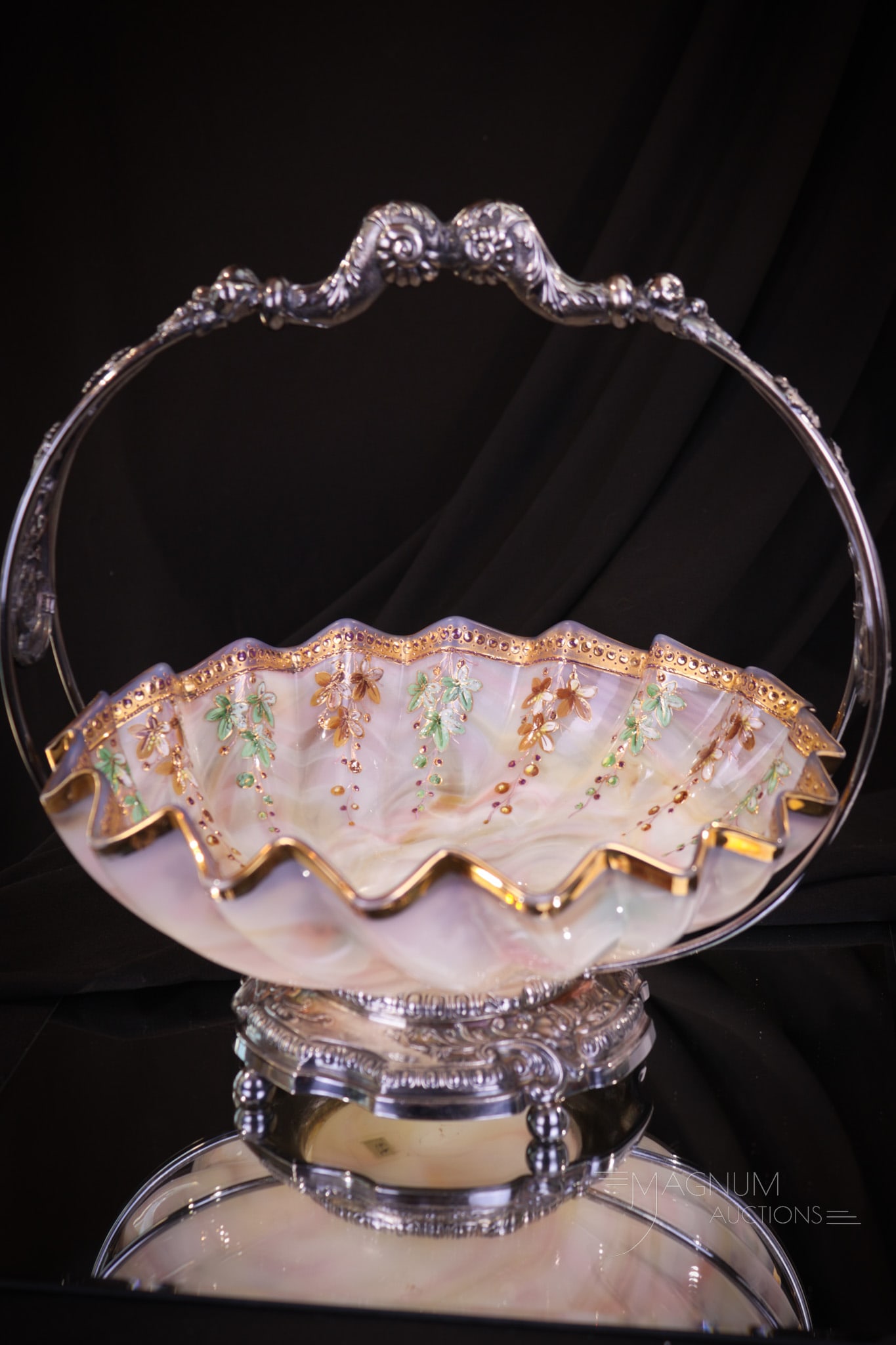 Reed & Barton Victorian Loetz Marmoriertes Glass Enameled Brides Basket: Gorgeous Loetz Marmoriertes marbled glass enameled and gilt Victorian brides basket complete in silverplate signed Reed and Barton frame. Basket measures 12" tall 11" wide.