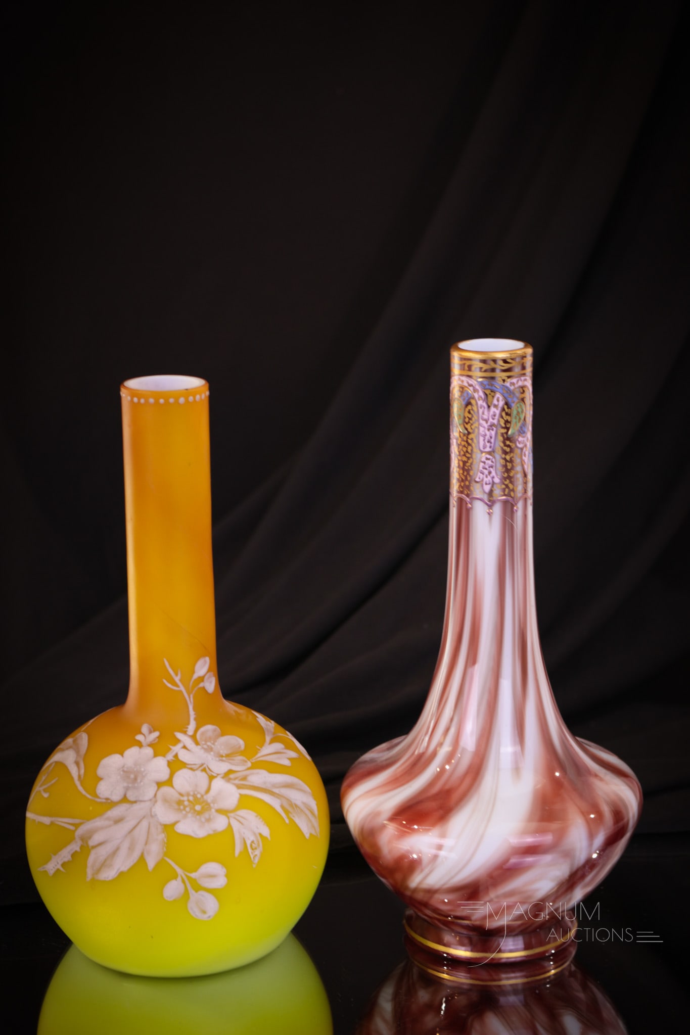 2 pc Loetz Marmoriertes Glass & Satin Enameled Victorian Vases (1 of 10)