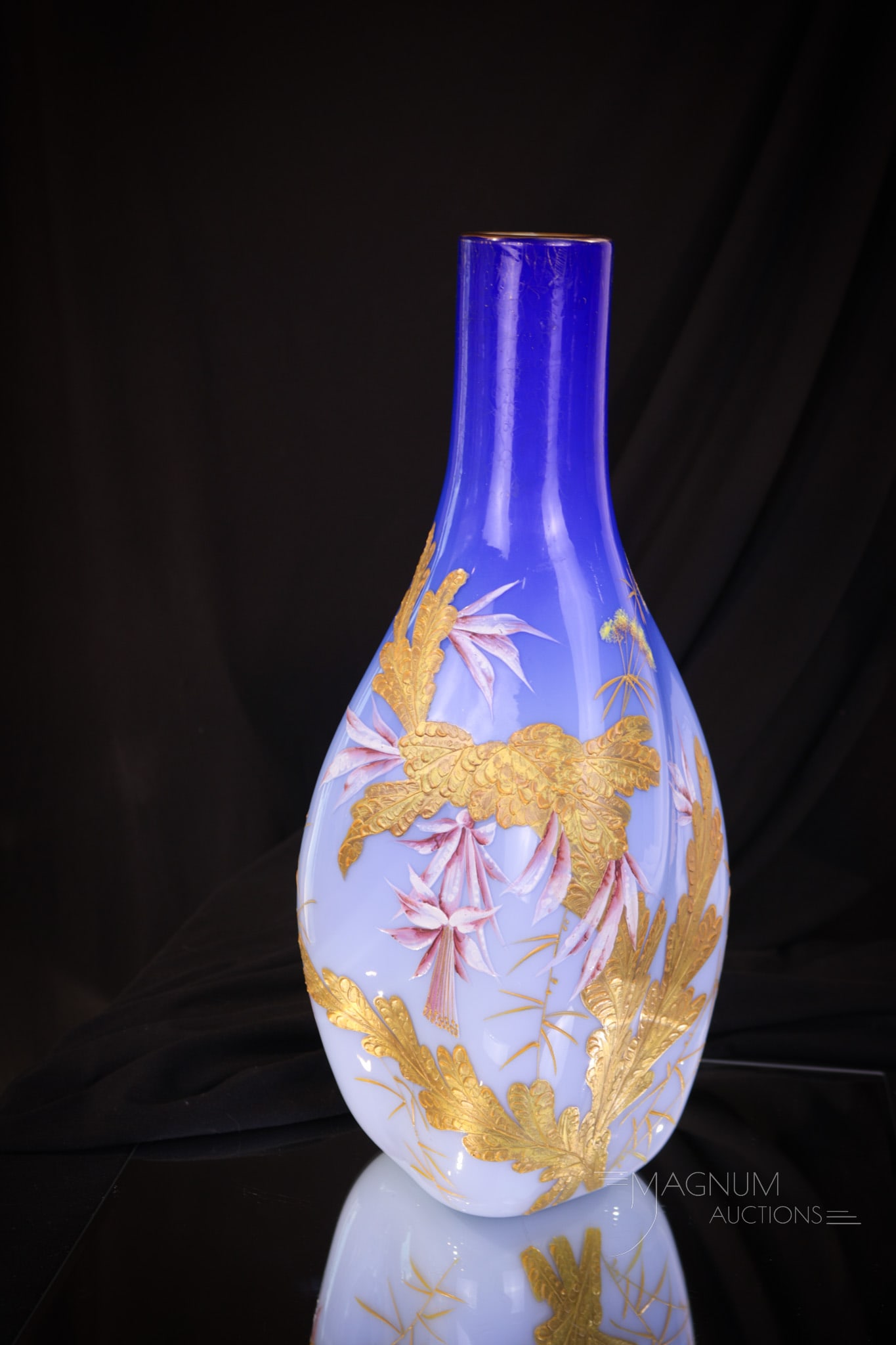 14" Harrach Delphinium Blue Gilt Enameled Victorian Glass Vase (1 of 7)