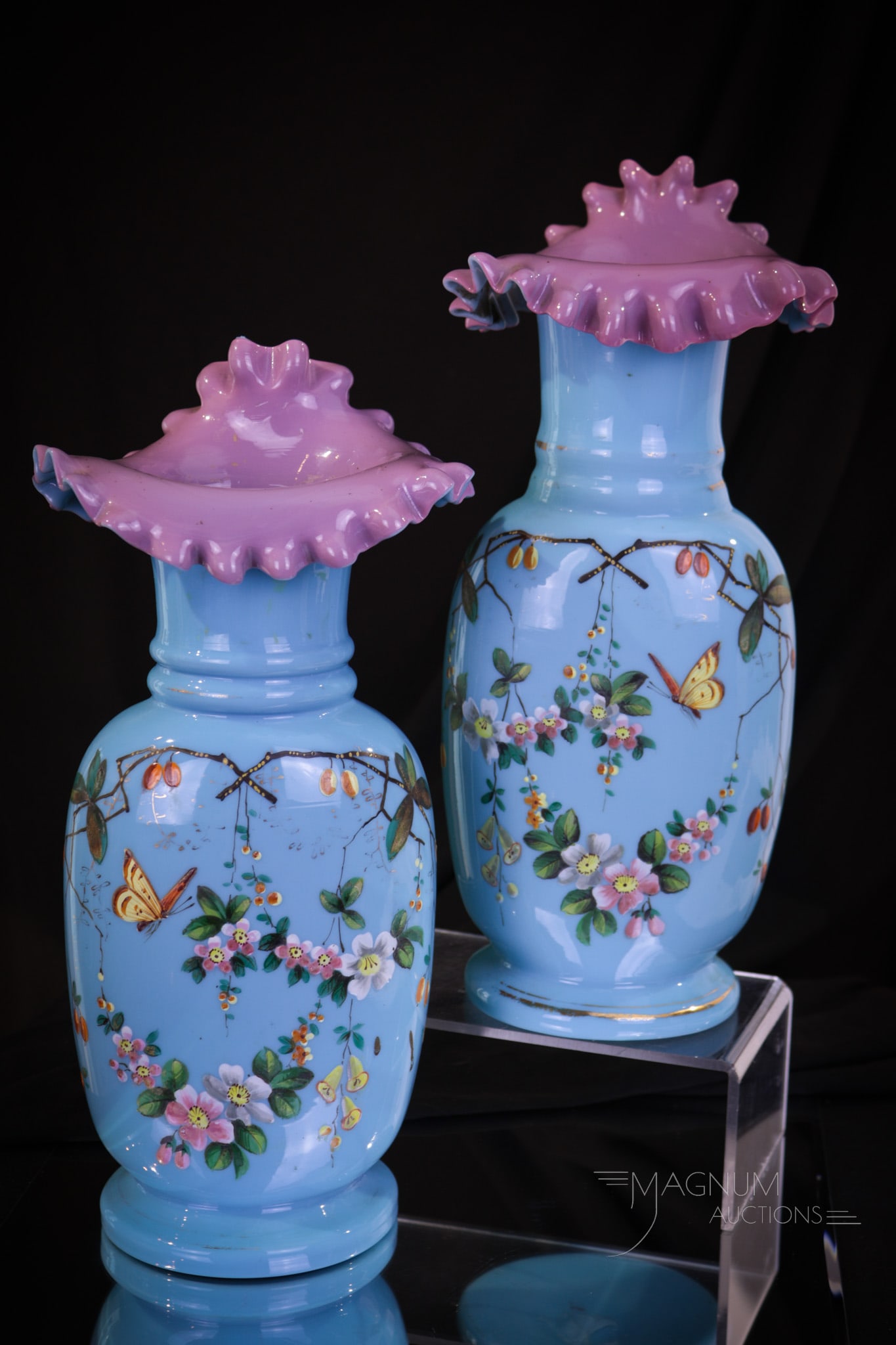 Incredible Victorian Mauve Blue Cased Enameled Glass Mantle Vases (1 of 8)